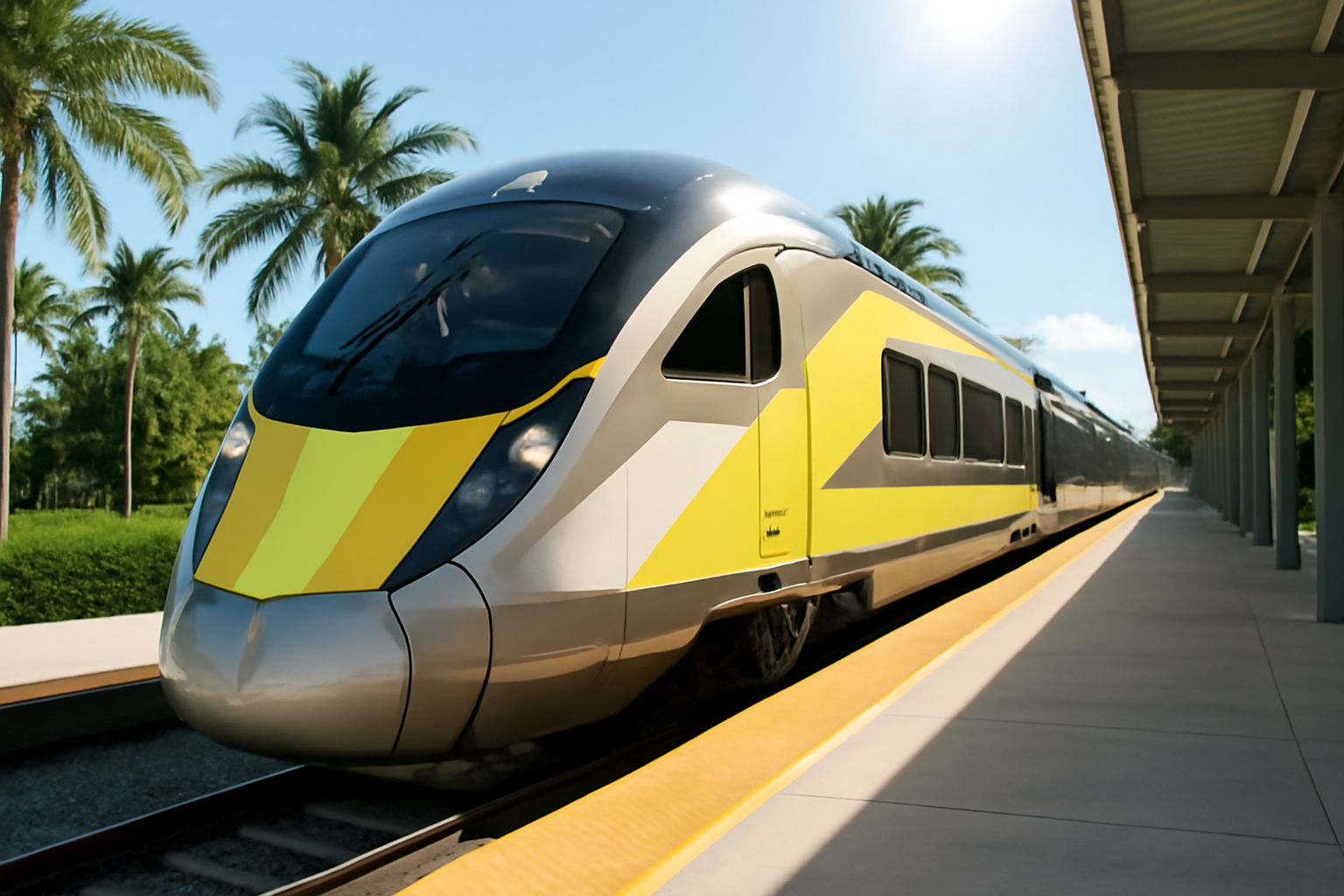 A Brightline high-speed passenger train stopped at a Florida station platform