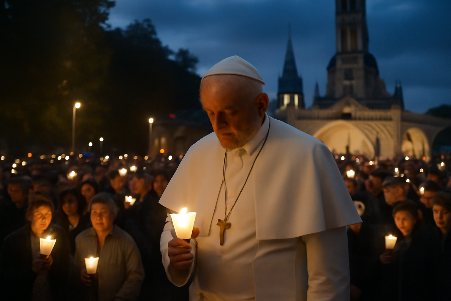 Pope Leo XIV walks through a crowd near the Sanctuary of Our Lady of Lourdes during a candlelight procession