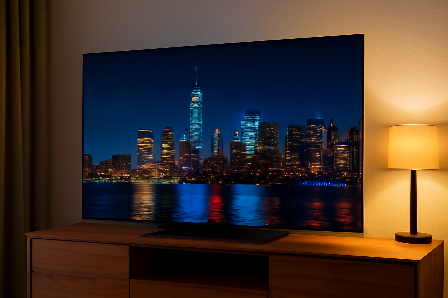 Roku Pro Series OLED television displaying a vivid nighttime cityscape on a wooden media console