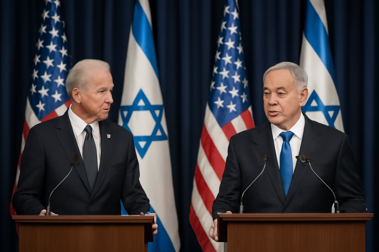 Donald Trump and Benjamin Netanyahu standing at podiums with American and Israeli flags in the background