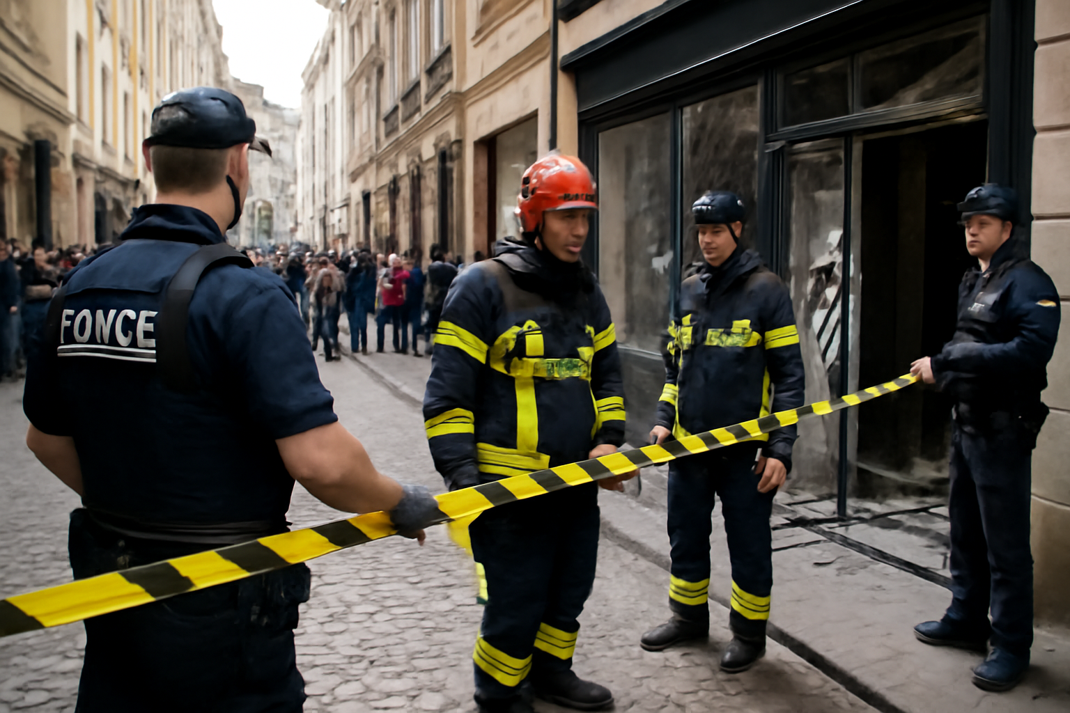 Emergency responders and cordon tape near a damaged building in a busy Athens shopping street