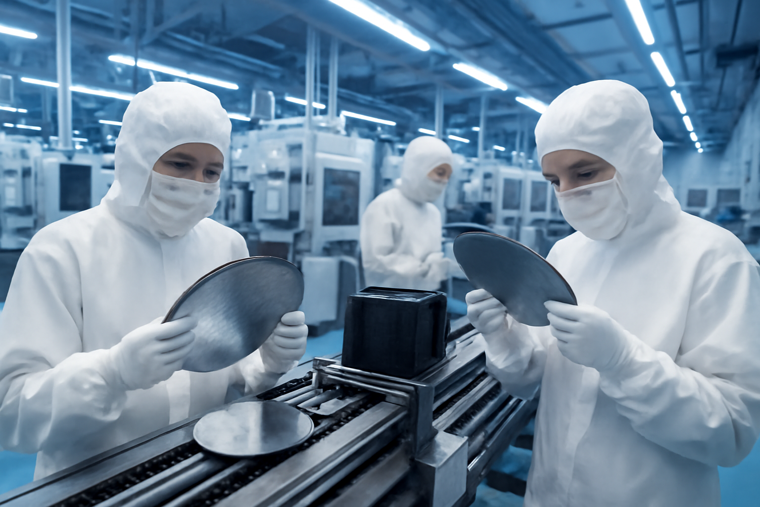 Rows of memory chip wafers on a manufacturing line inside a semiconductor fabrication facility
