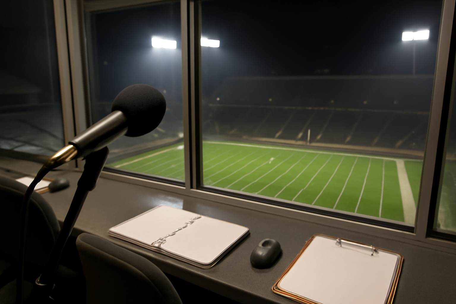 Television broadcast booth overlooking an American college football stadium during a night game
