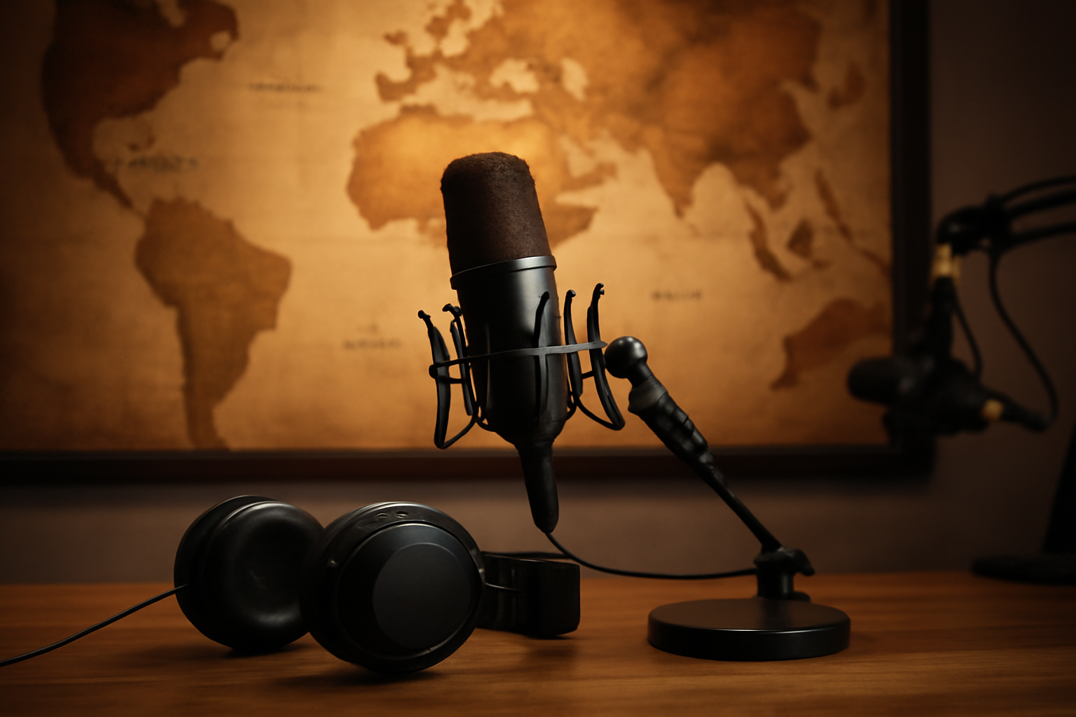 A podcast studio microphone and headphones beside a world map highlighting Nigeria and Europe
