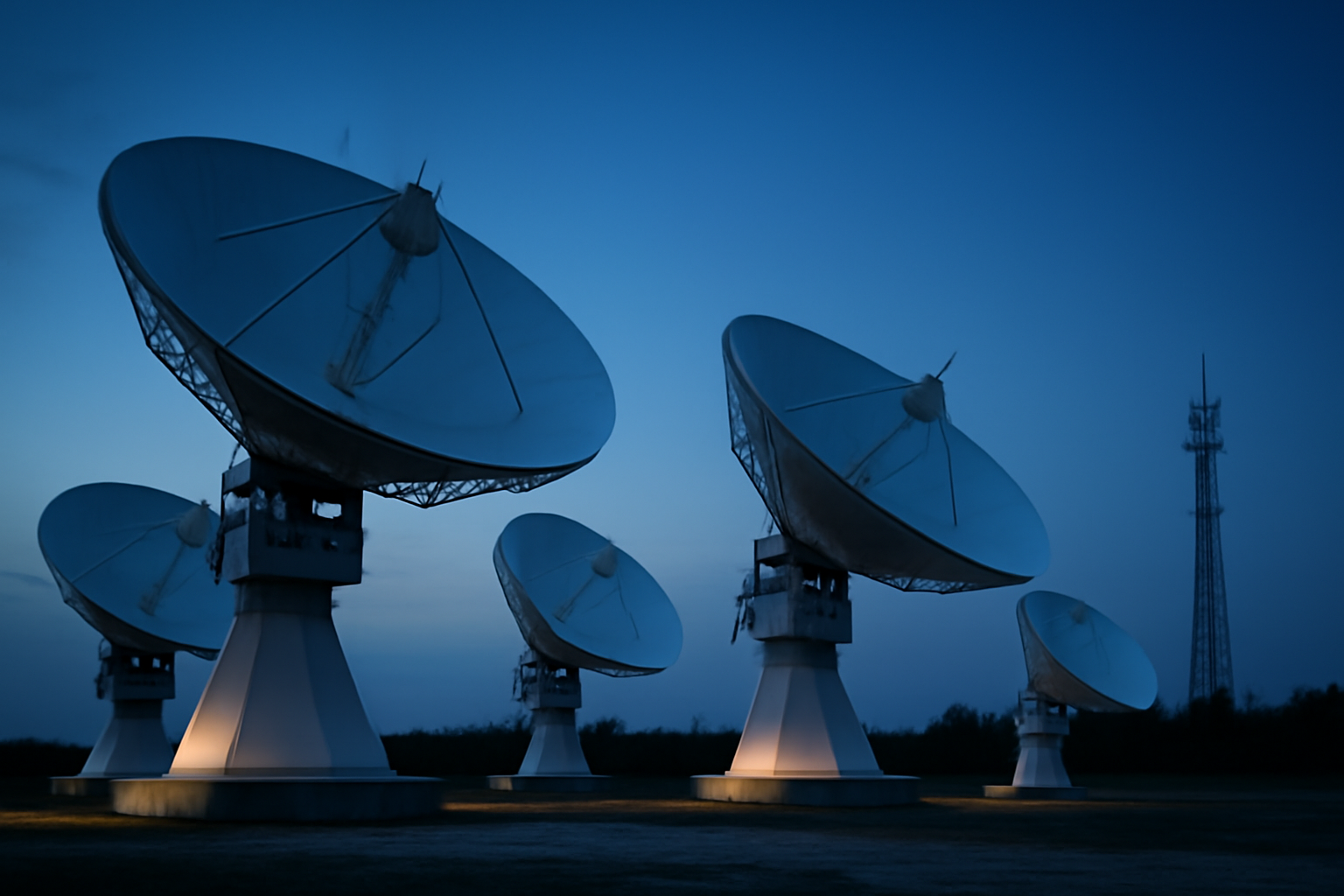 Satellite dish array against a dusk sky with cellular tower in background