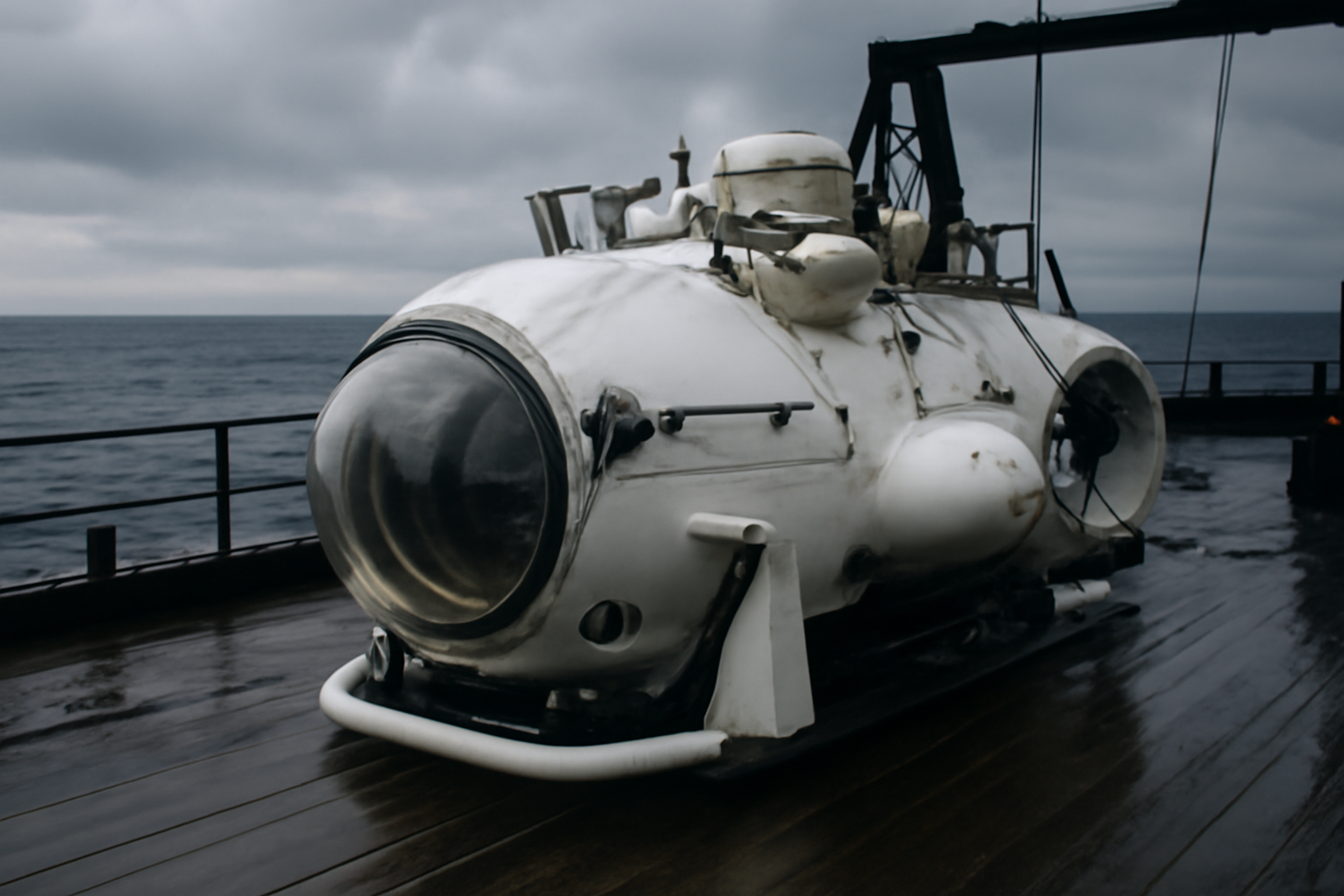 A white submersible vessel resting on the deck of a support ship at sea.