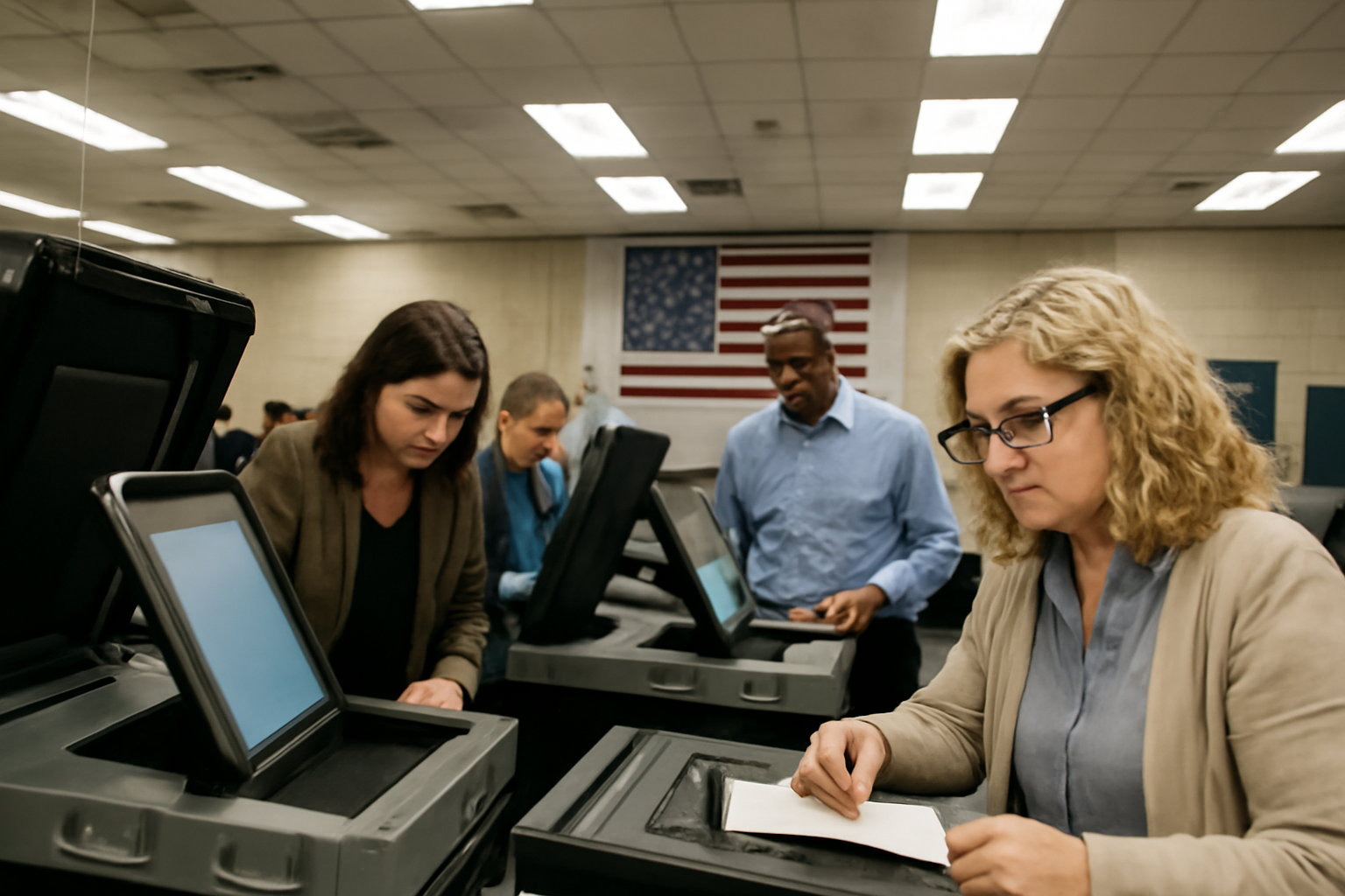 Election workers inspect voting machines inside a municipal counting center ahead of a US midterm election