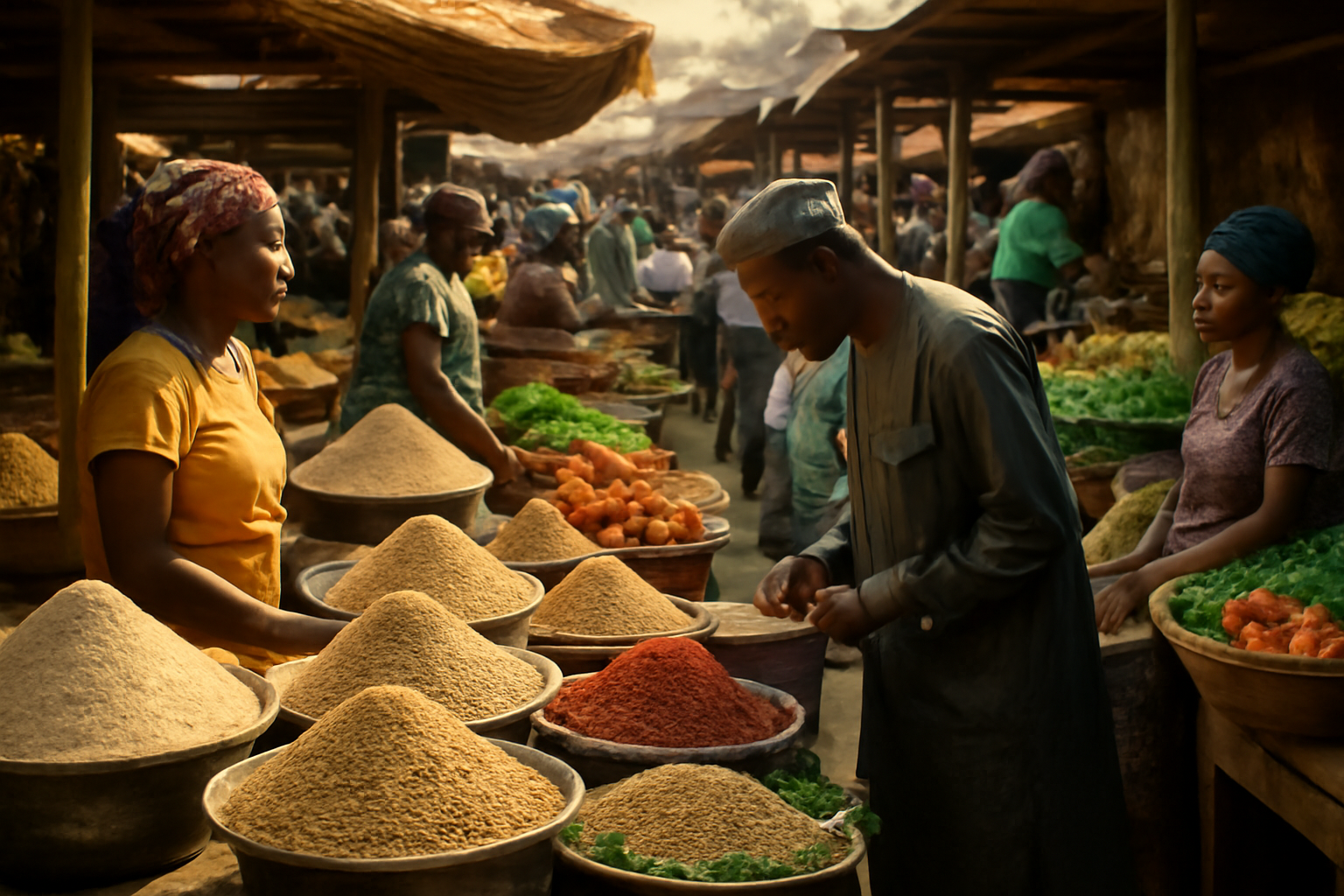 A vendor arranges bags of grain at an open-air market stall in Nigeria as customers look on.