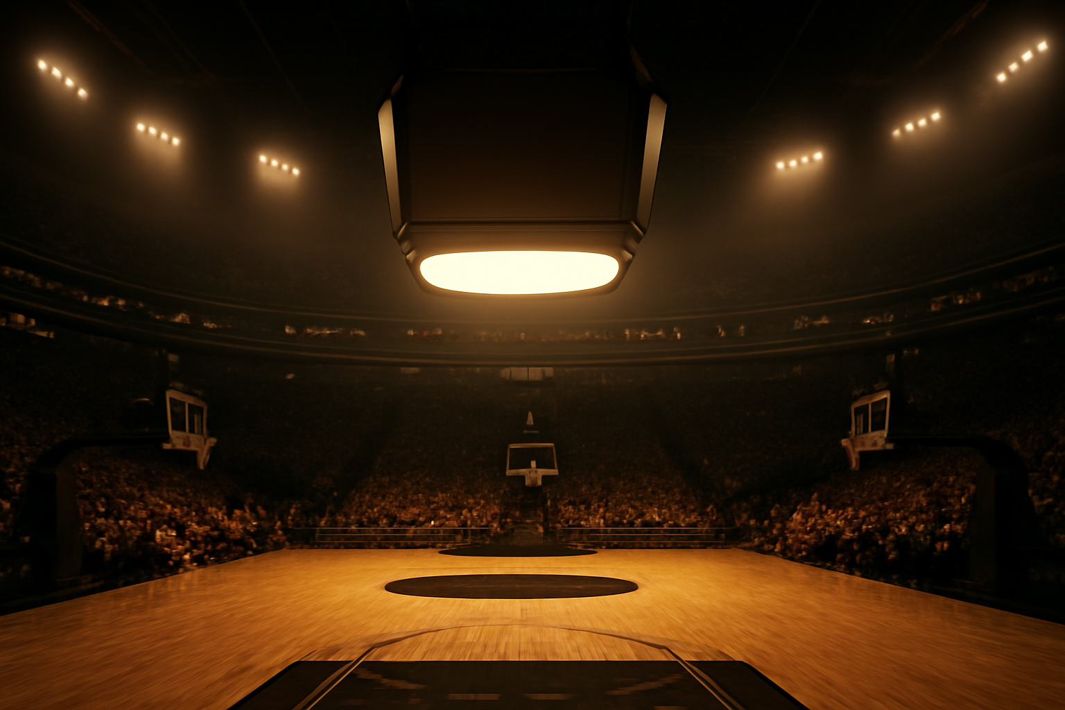 Basketball arena scoreboard showing Knicks and 76ers logos before a season-opening tip-off