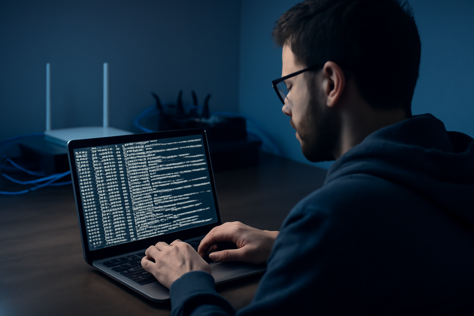 A security researcher reviews server logs on a laptop beside stacked network routers.