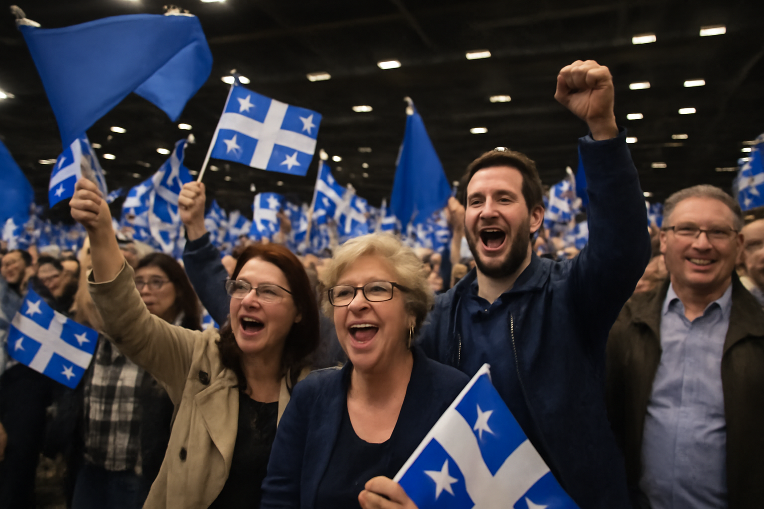 Parti Québécois supporters celebrating election results in Montreal under party banners
