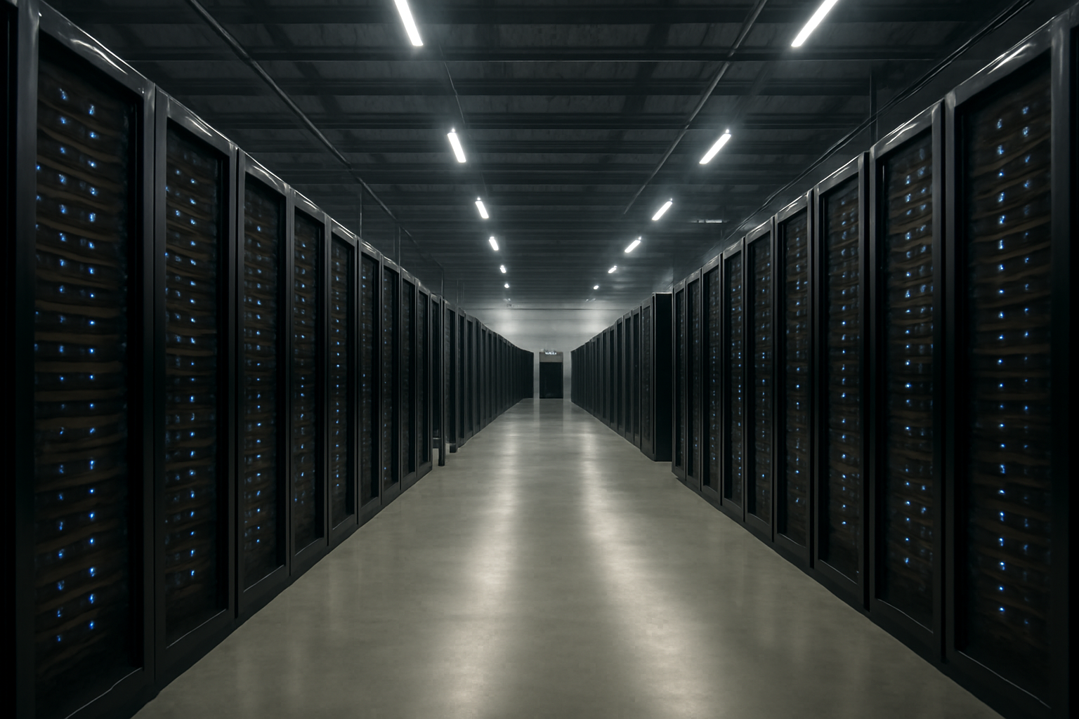 Rows of server racks inside a large data centre warehouse facility