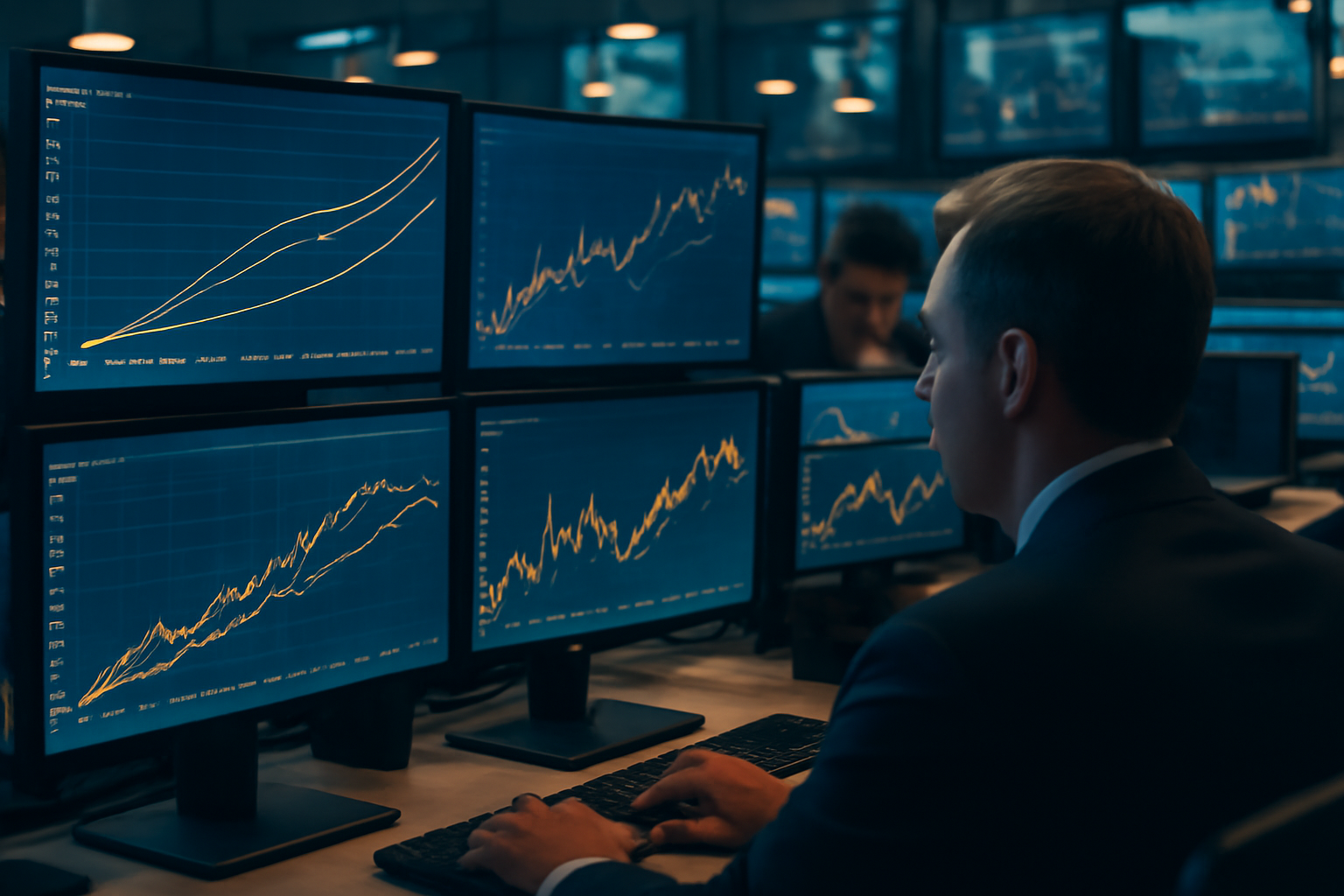 Bond trading floor screens showing Treasury yield figures rising as energy price tickers scroll