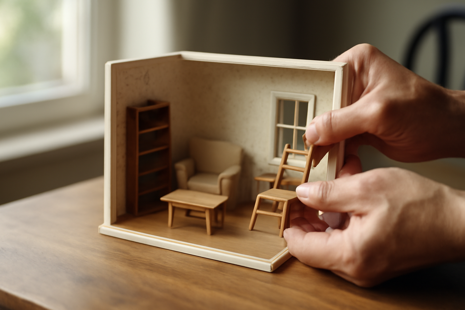 A collector's hands arranging tiny miniature furniture inside an open dollhouse room box