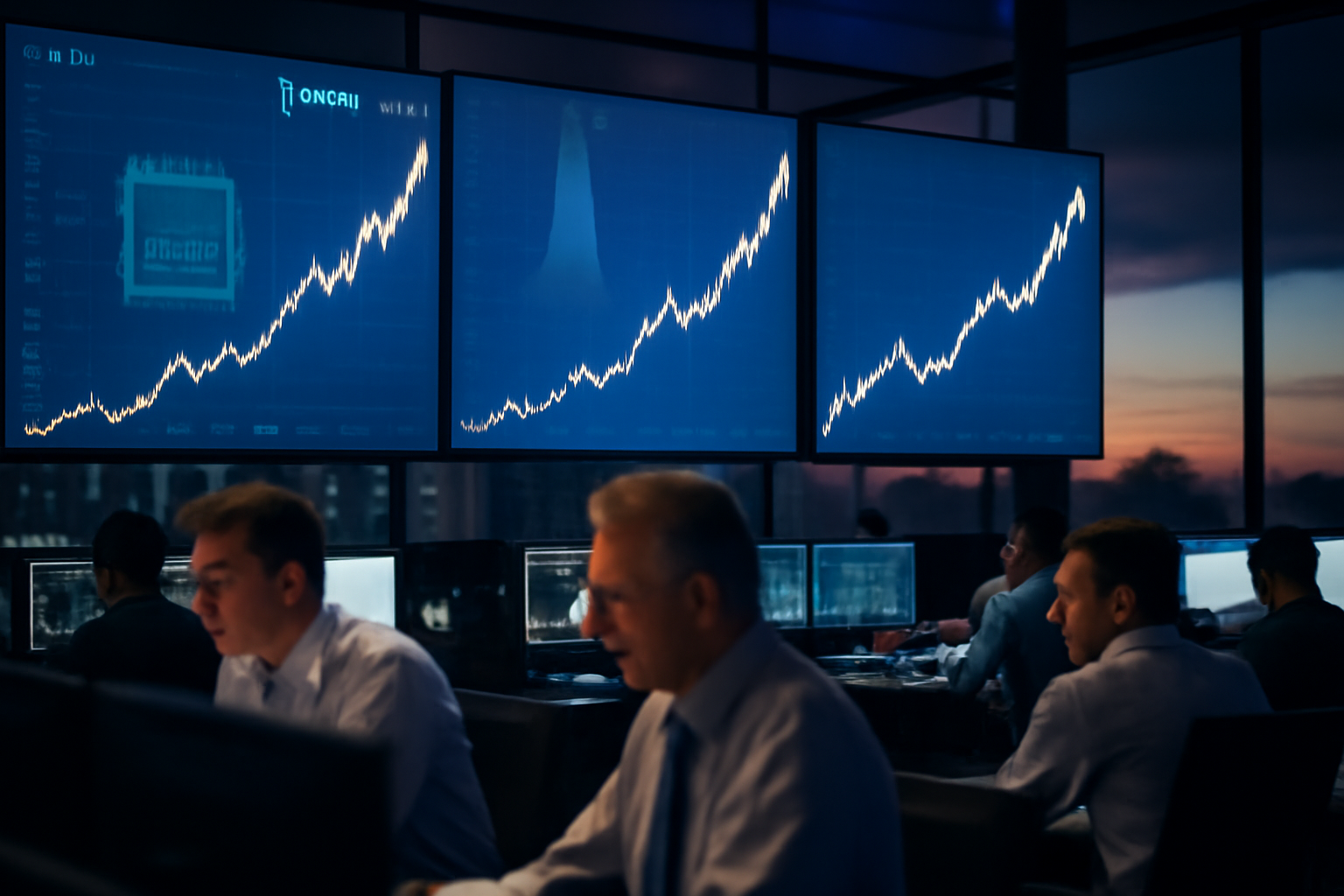 Bond trading terminal displaying rising corporate yield curves beside a rocket silhouette and semiconductor chip