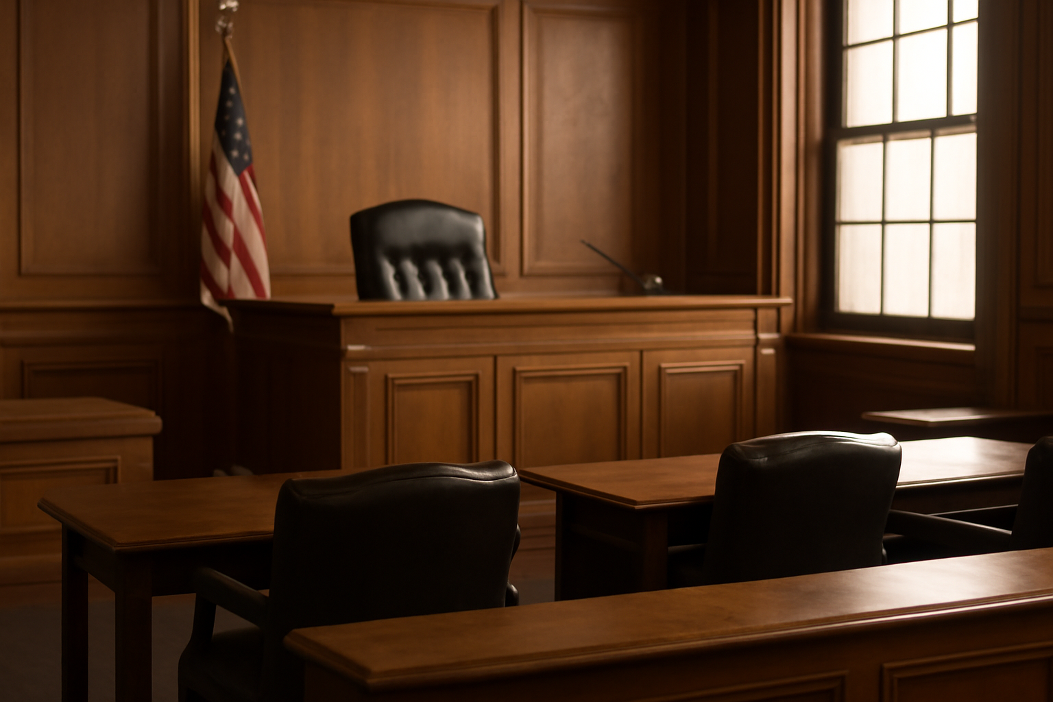 Empty wood-paneled courtroom bench with an American flag in the background