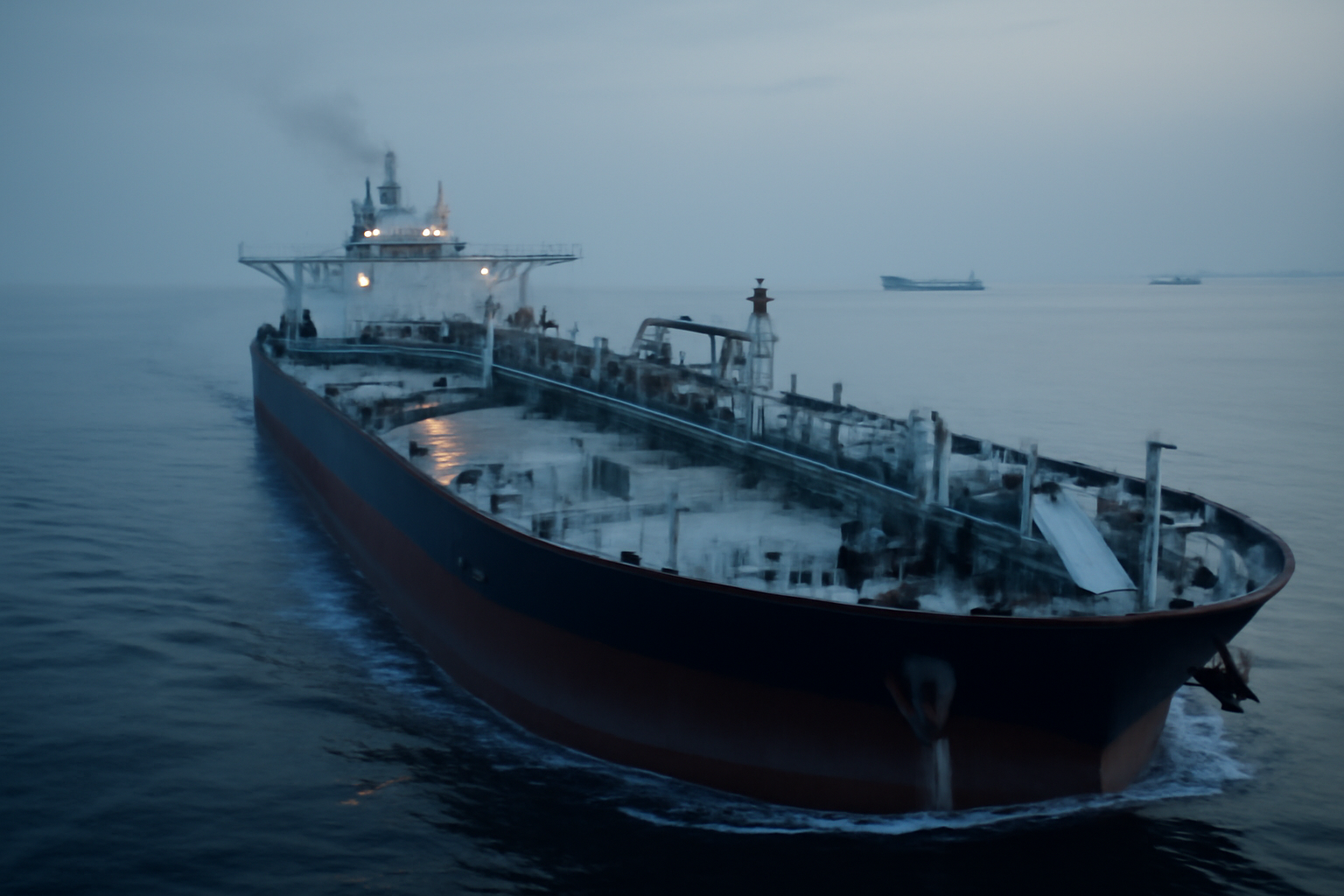 Oil tanker navigating the Strait of Hormuz with container ships visible in the distance