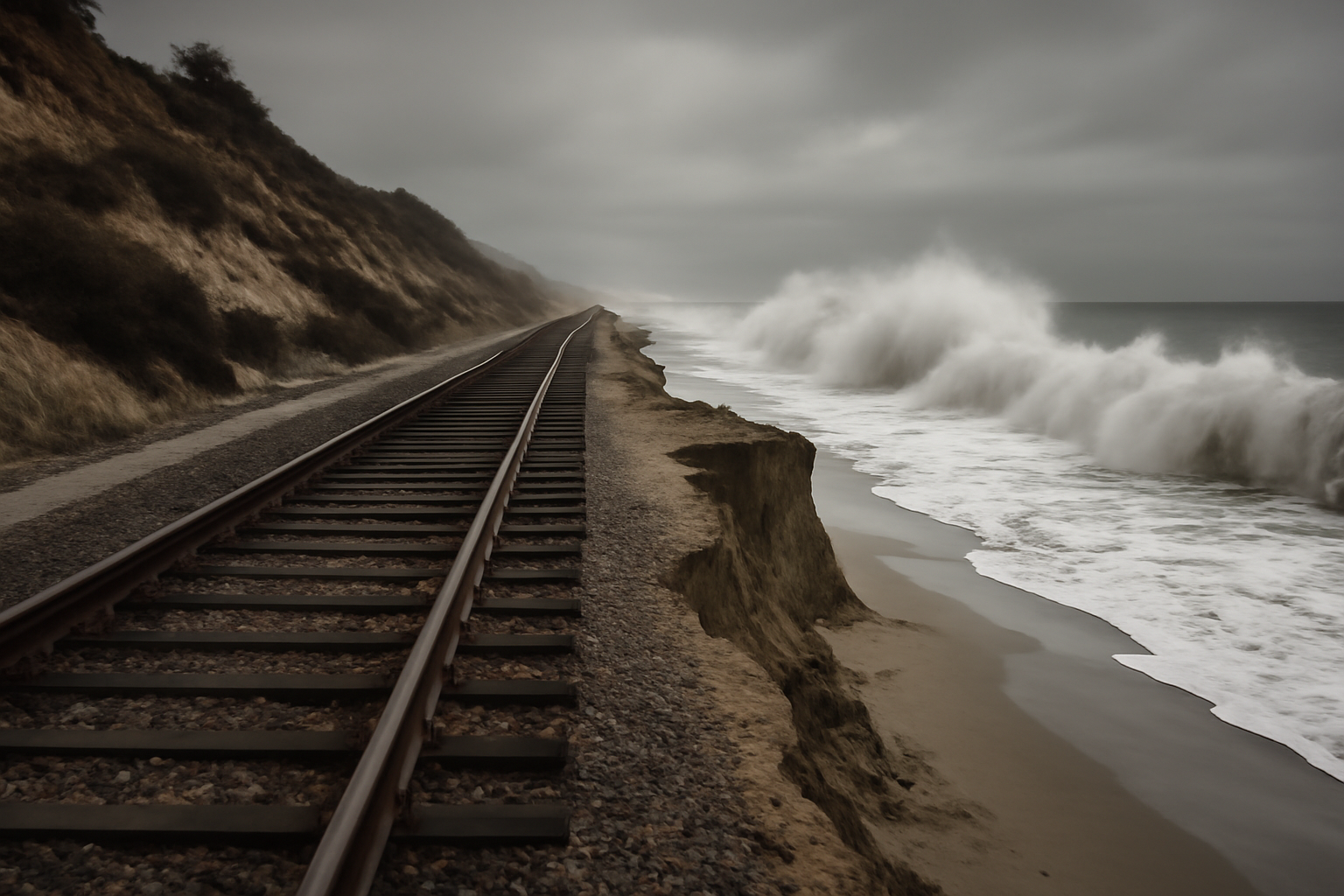 Storm waves eroding a Southern California beach beside train tracks