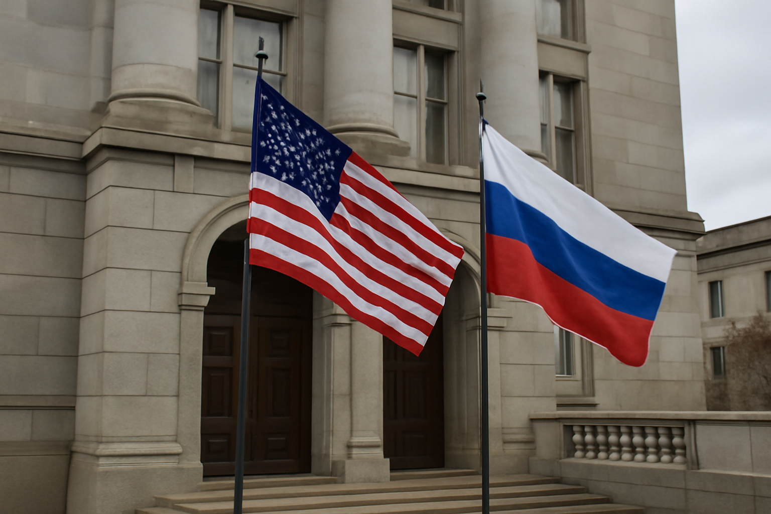 Two national flags, American and Russian, displayed side by side near a government building entrance
