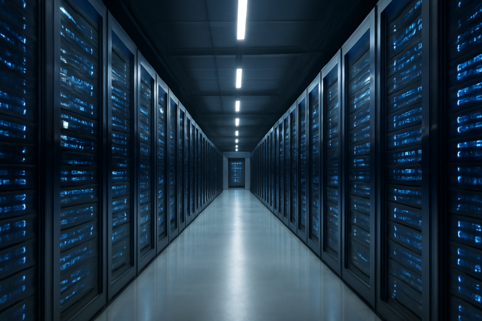 Server racks glowing blue inside a data center hallway