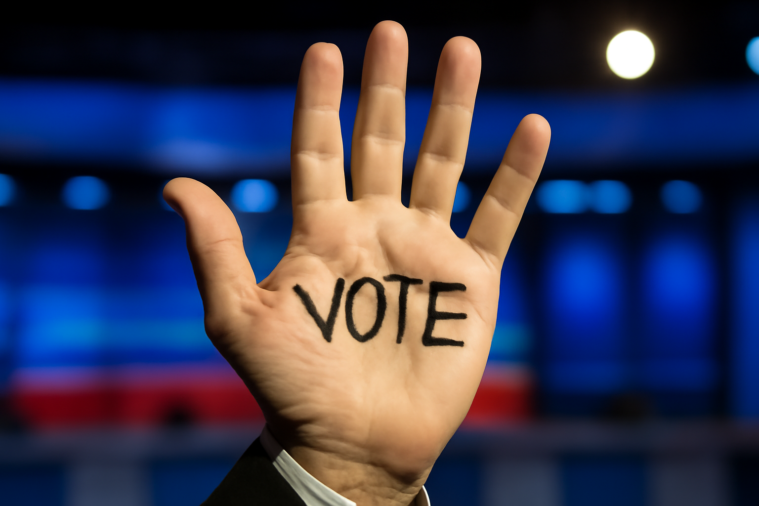 Close-up of a hand with the word corrupto written in marker during a televised debate