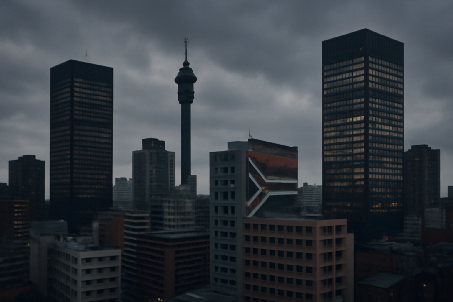 Johannesburg office towers under overcast sky with South African flag visible