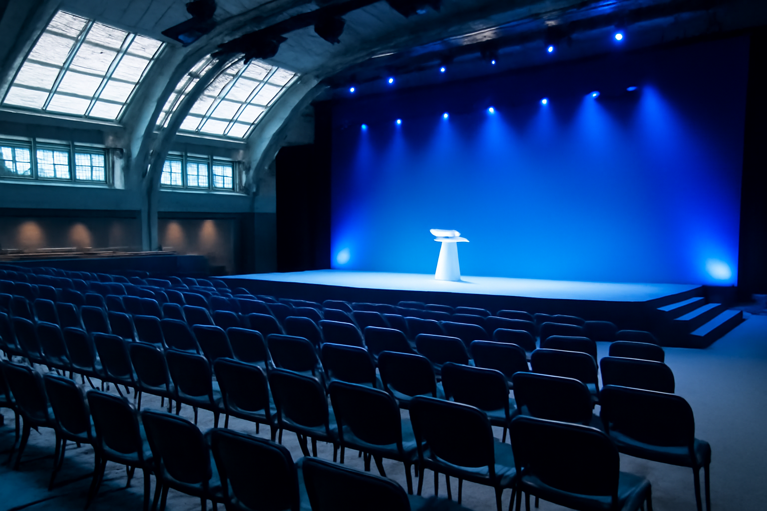 Conservative Party conference stage with a blue backdrop reading Stronger economy, stronger country in a Birmingham convention hall