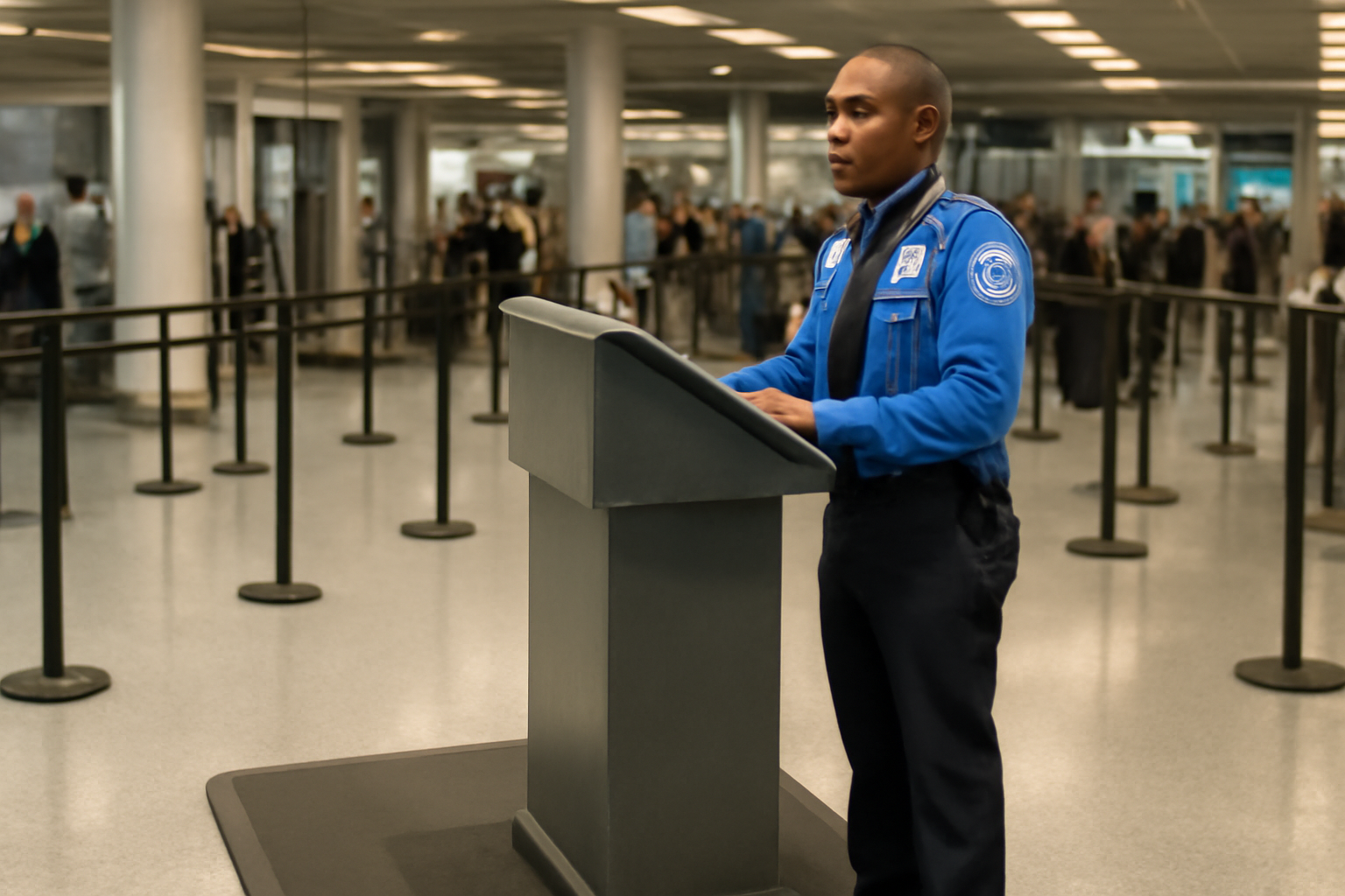 TSA officer standing at an airport document-check podium with a standing mat where a chair used to be