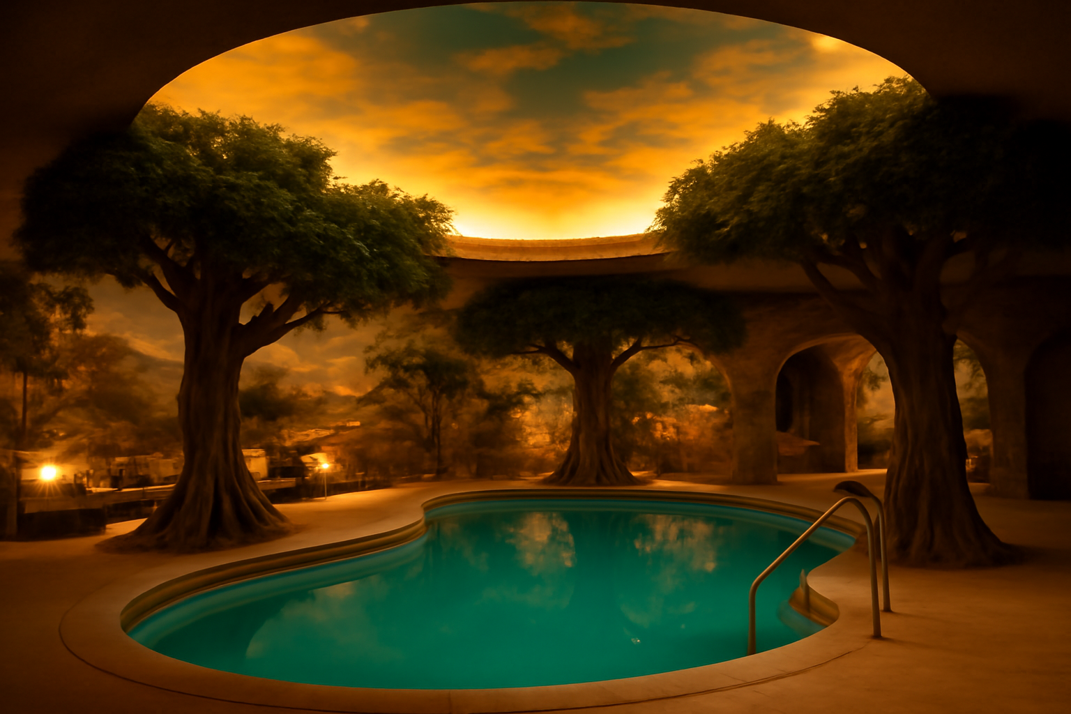 Underground luxury living room with painted sky ceiling and indoor pool in a 1970s bunker mansion