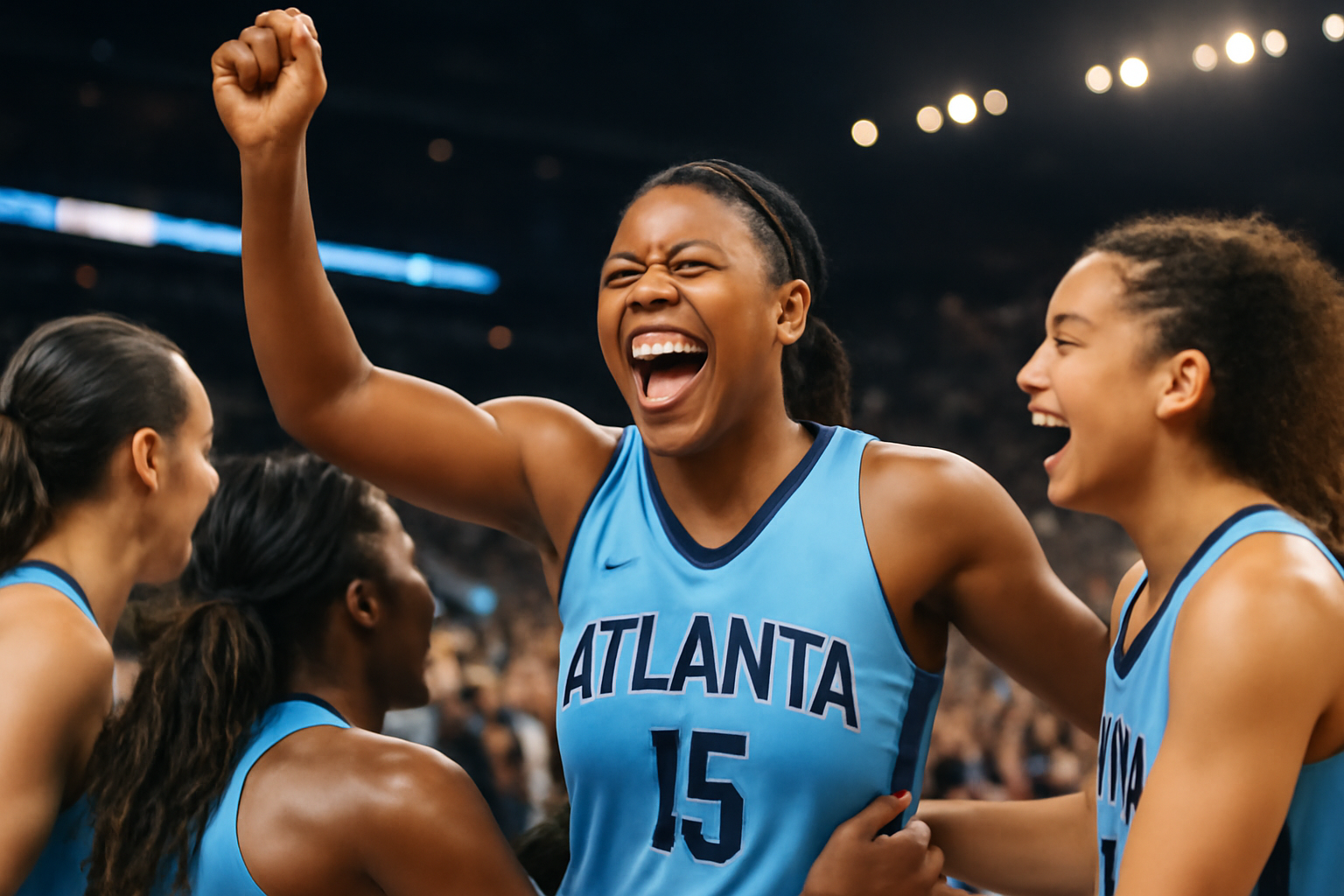 Angel Reese celebrating on the court in an Atlanta Dream jersey after a playoff win