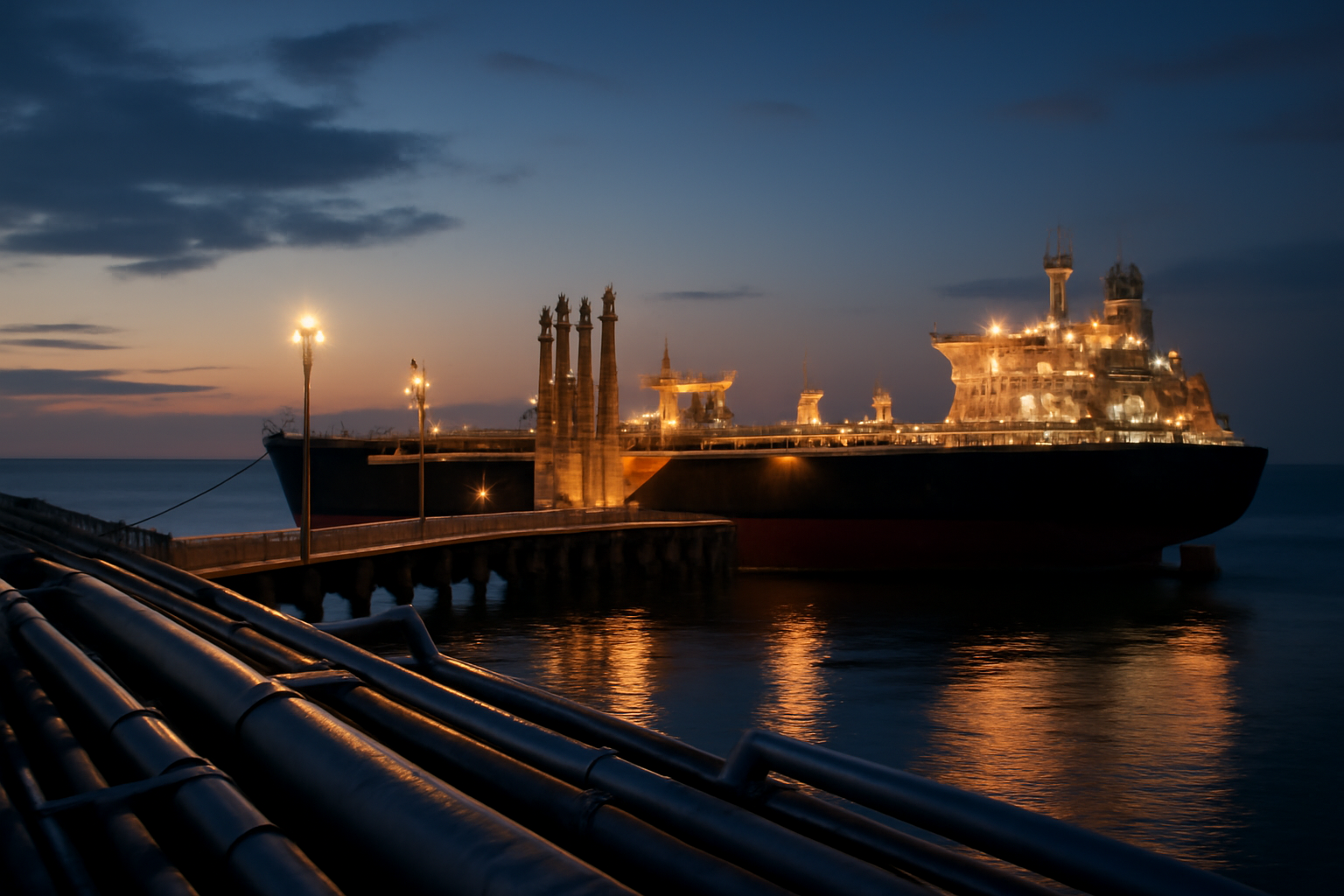 Oil tanker loading crude at a Persian Gulf export terminal with pipeline infrastructure in the foreground