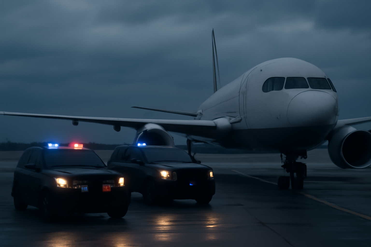 A commercial aircraft on an airport tarmac under overcast sky with law enforcement vehicles nearby