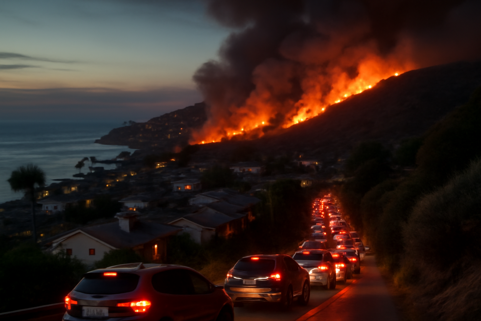 Burned hillside above stranded cars on a road during the Palisades Fire evacuation in Los Angeles