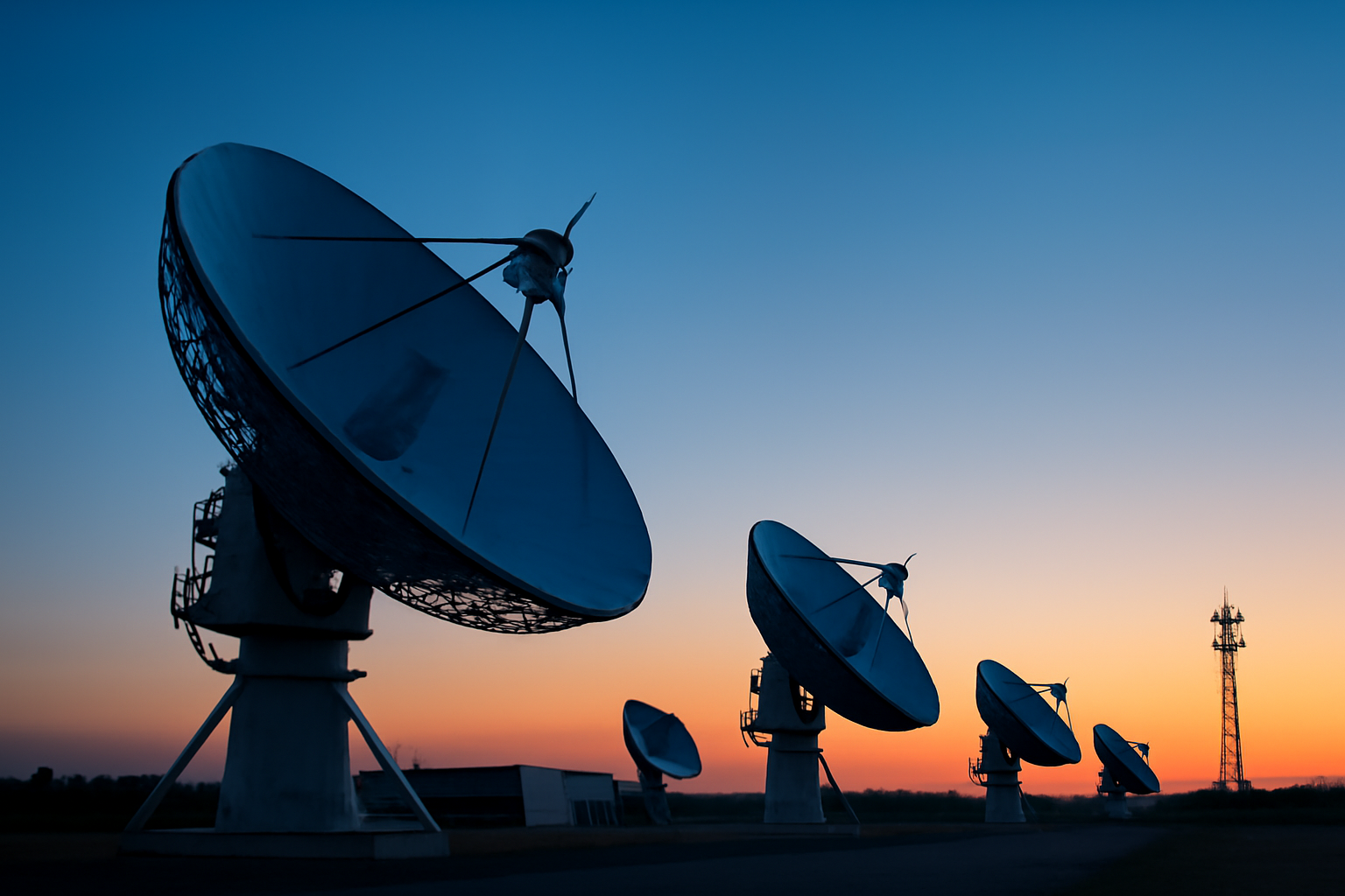 Satellite dish array against a dusk sky near a telecommunications tower