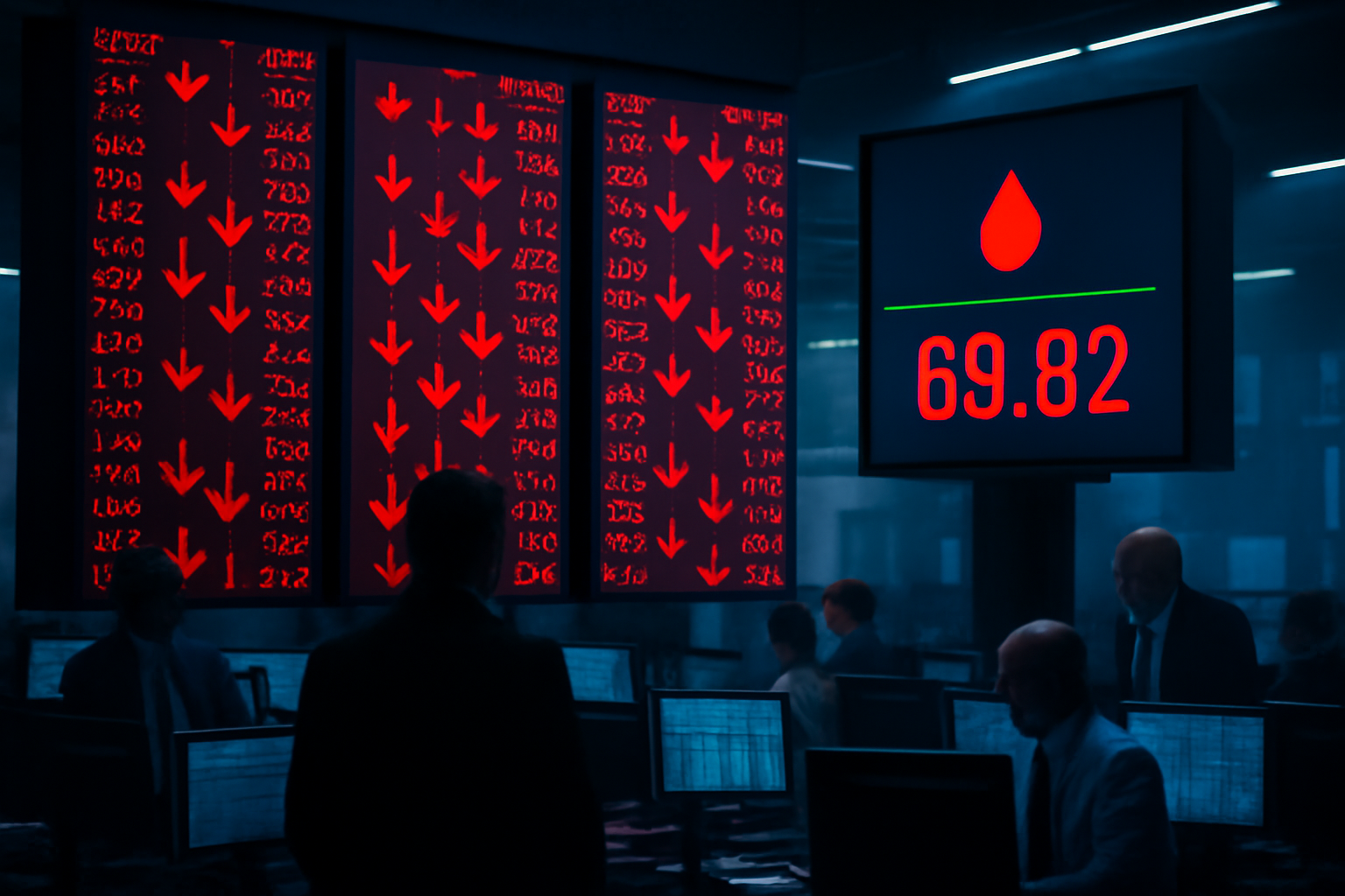 Stock exchange trading floor display showing red declining numbers next to an oil price ticker