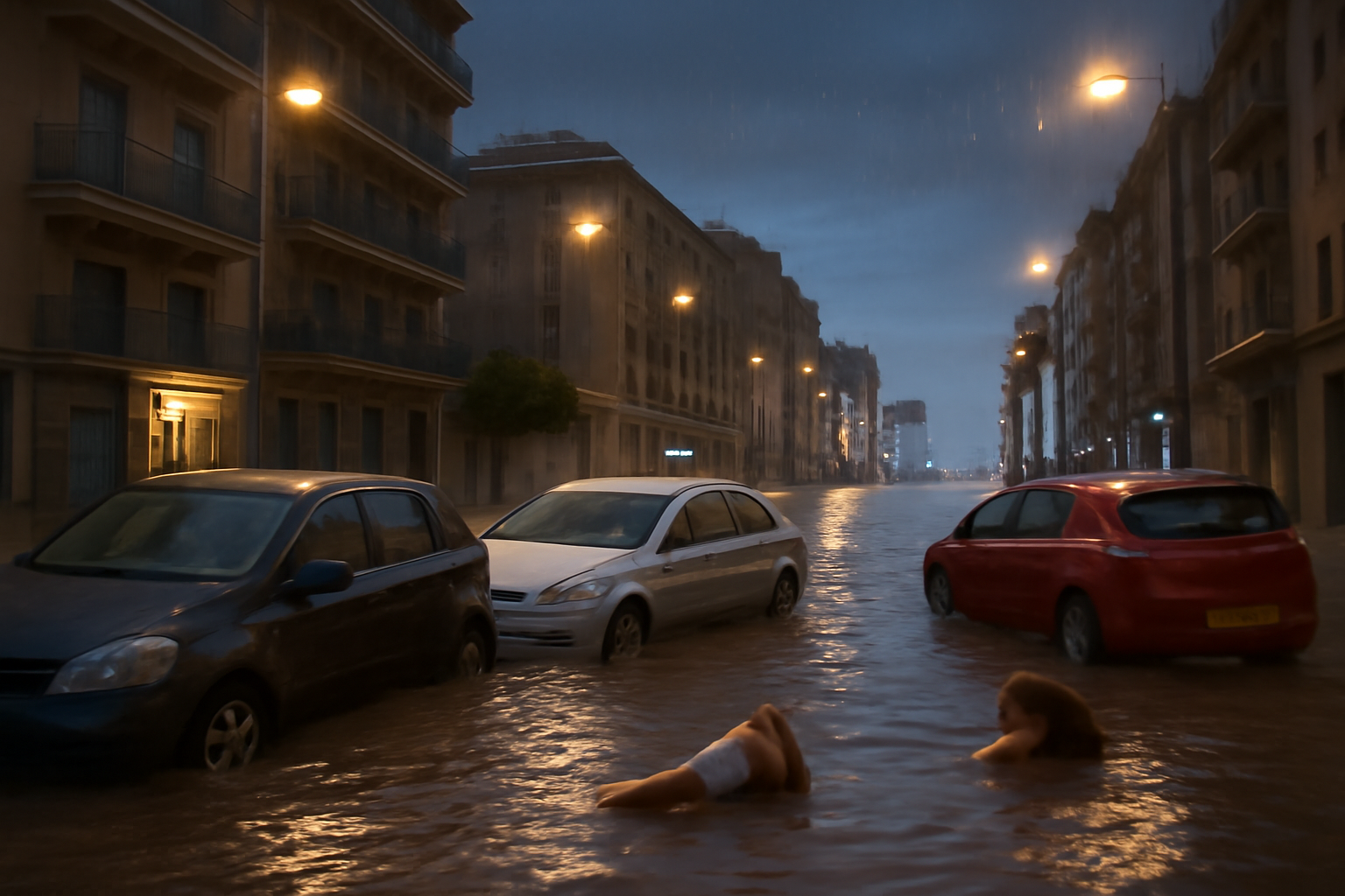 Flooded street with submerged cars in a Spanish coastal city after heavy rainfall
