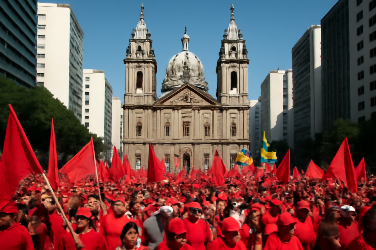 Crowd of supporters in red shirts marching through central Rio de Janeiro near Candelária church