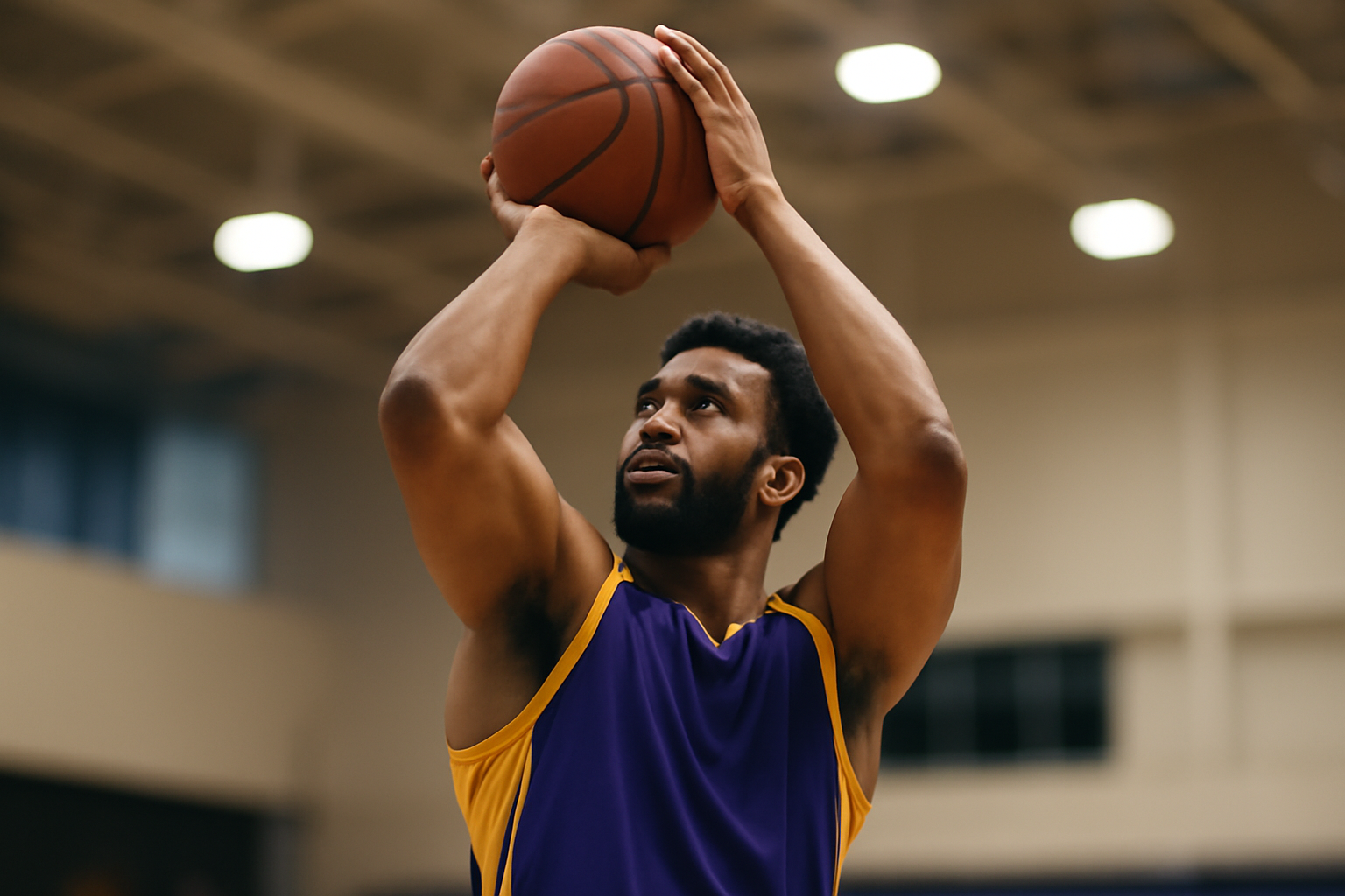 Basketball player in a Lakers jersey following through on a jump shot during practice