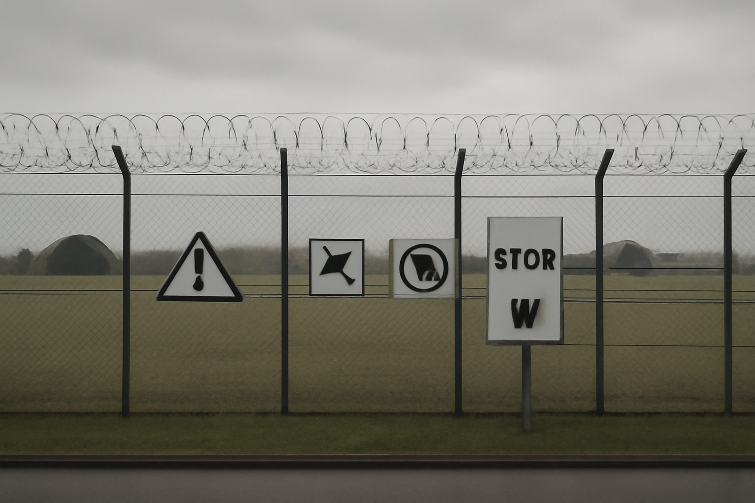 A military air base perimeter fence under overcast skies in the United Kingdom