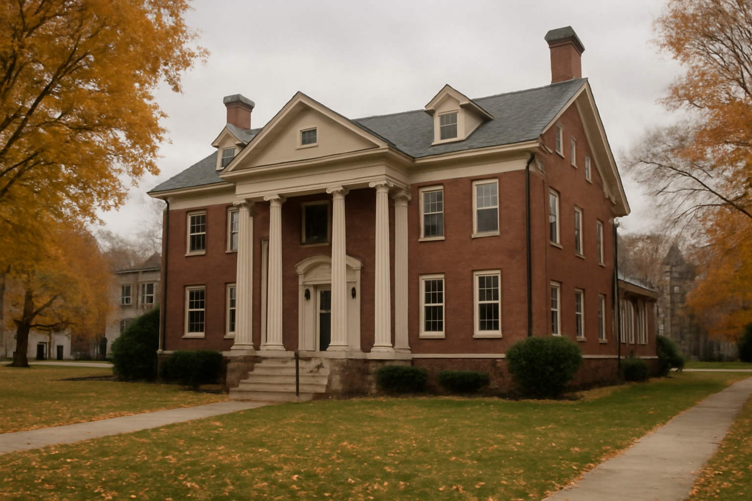 Fraternity house exterior on a university campus with police tape near the entrance