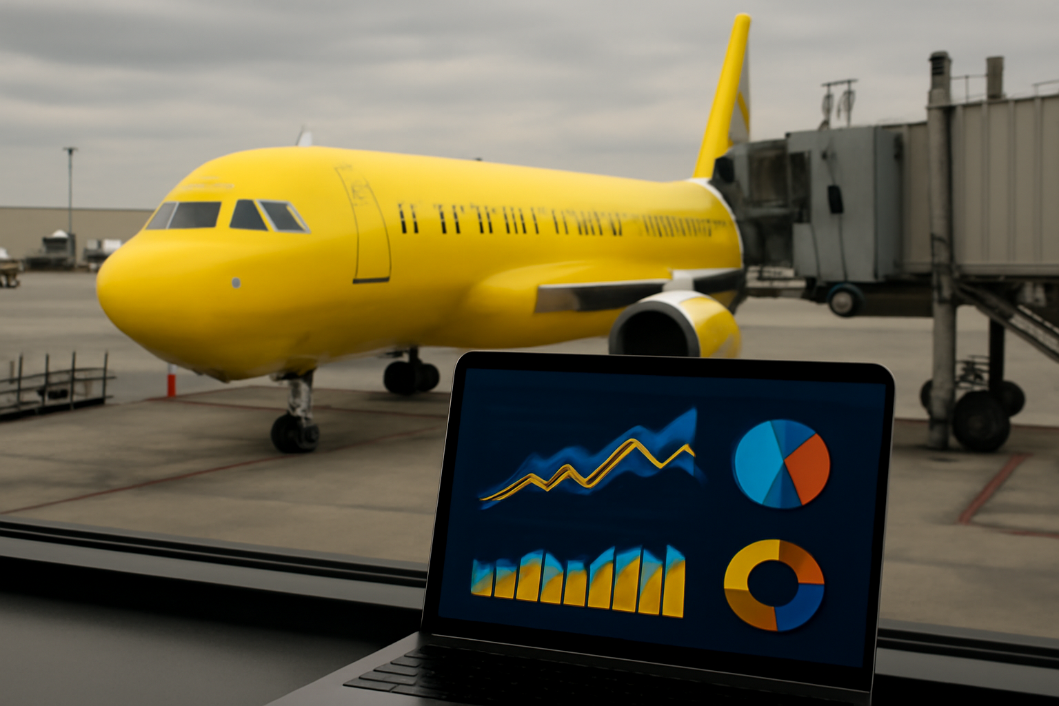 Airplane on tarmac with a laptop displaying AI code in the foreground