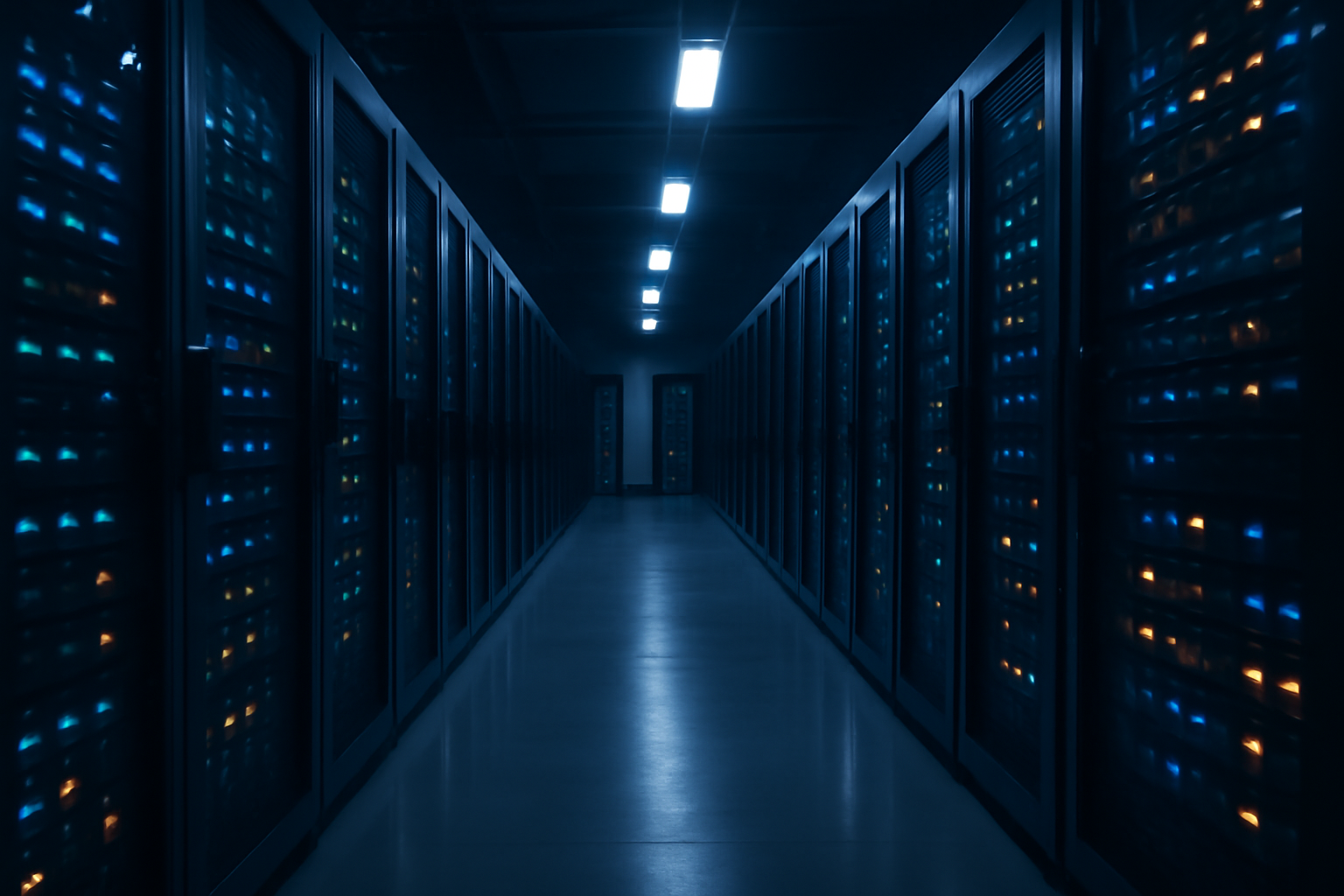 Server racks glowing with blue indicator lights inside a dim data center hallway
