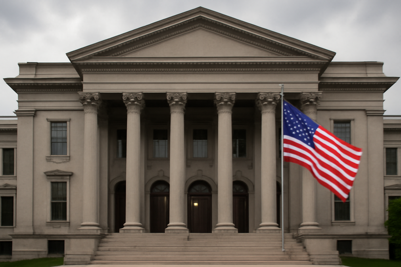 Exterior of a city hall building with columns under an overcast sky