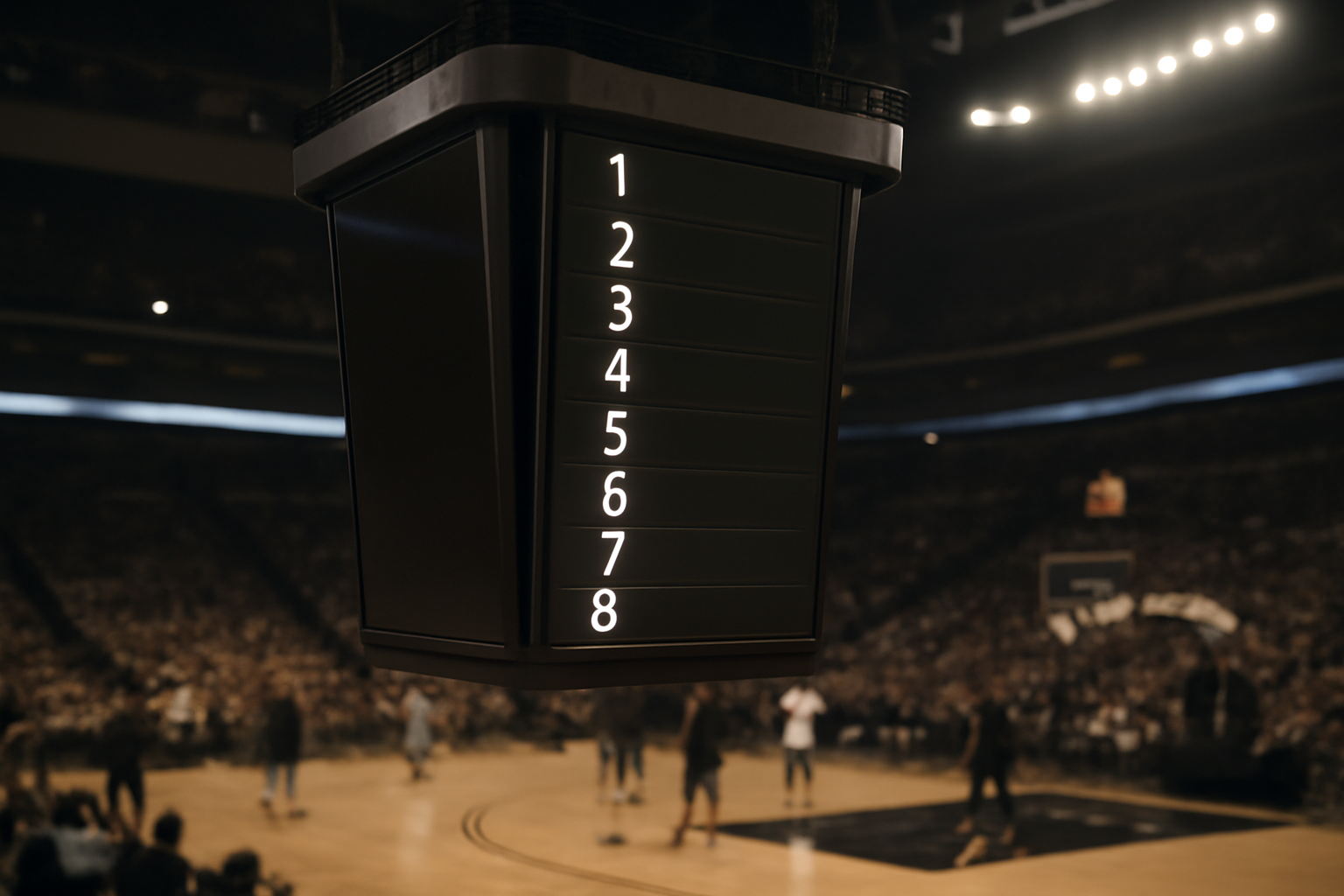 Basketball players warming up beneath an arena scoreboard displaying a long numbered list