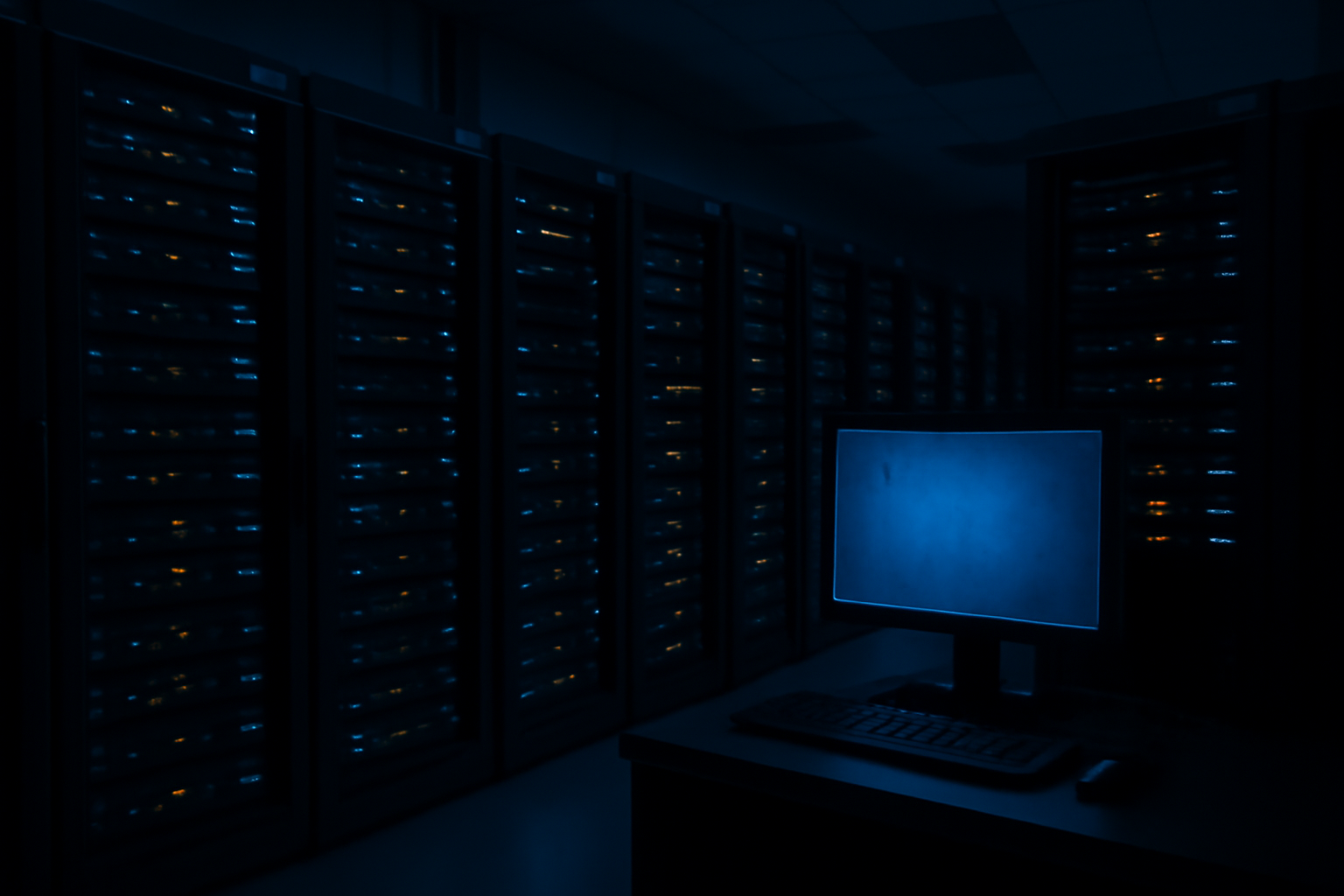 A server room with rows of illuminated data racks under blue emergency lighting