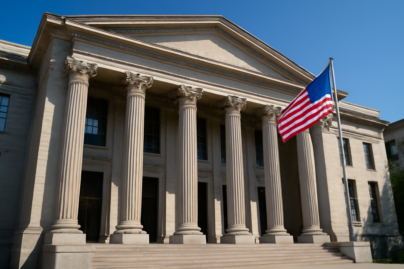 Exterior of a federal courthouse building with columns under a clear sky