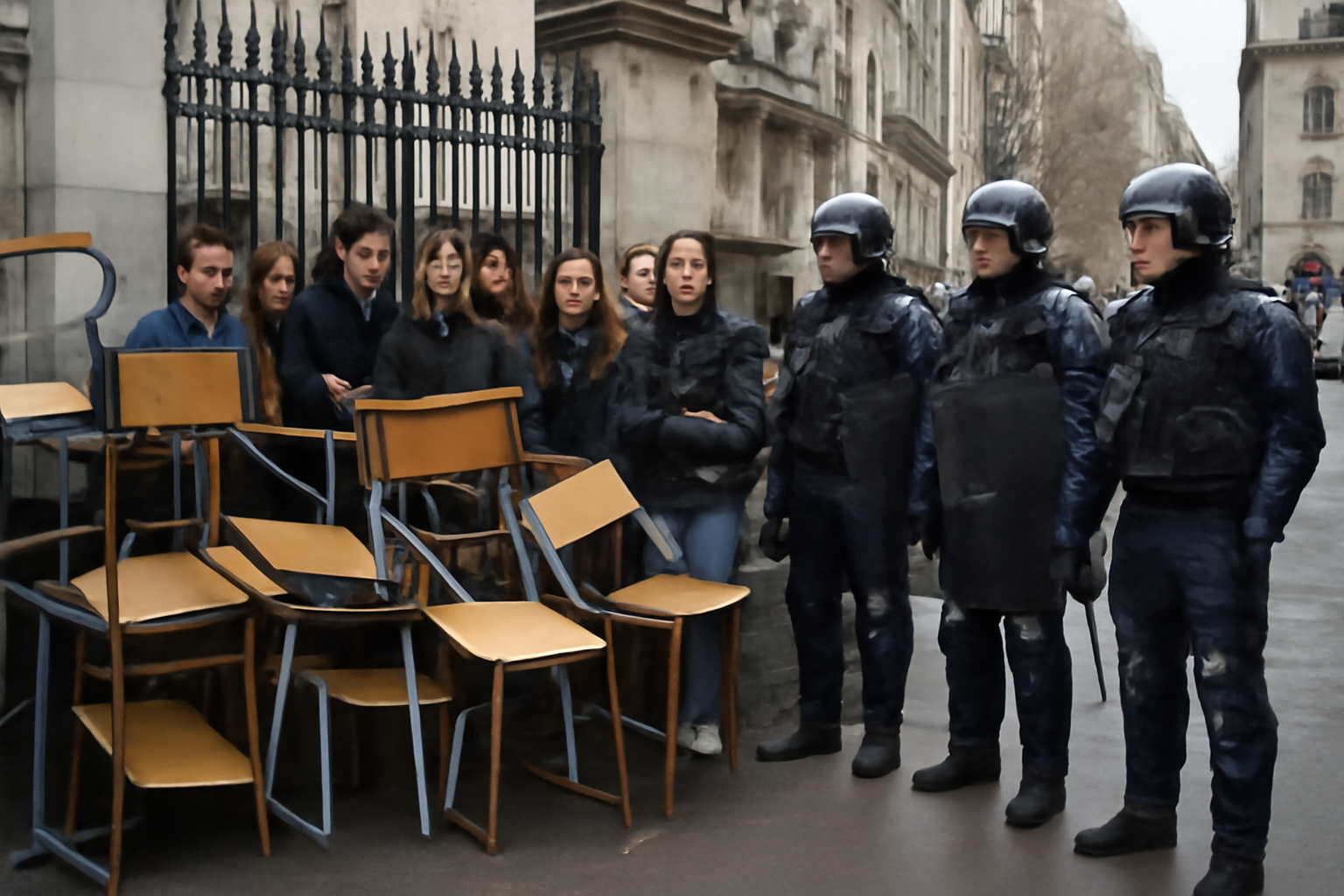 French secondary students standing at a barricaded school gate near police in protective gear