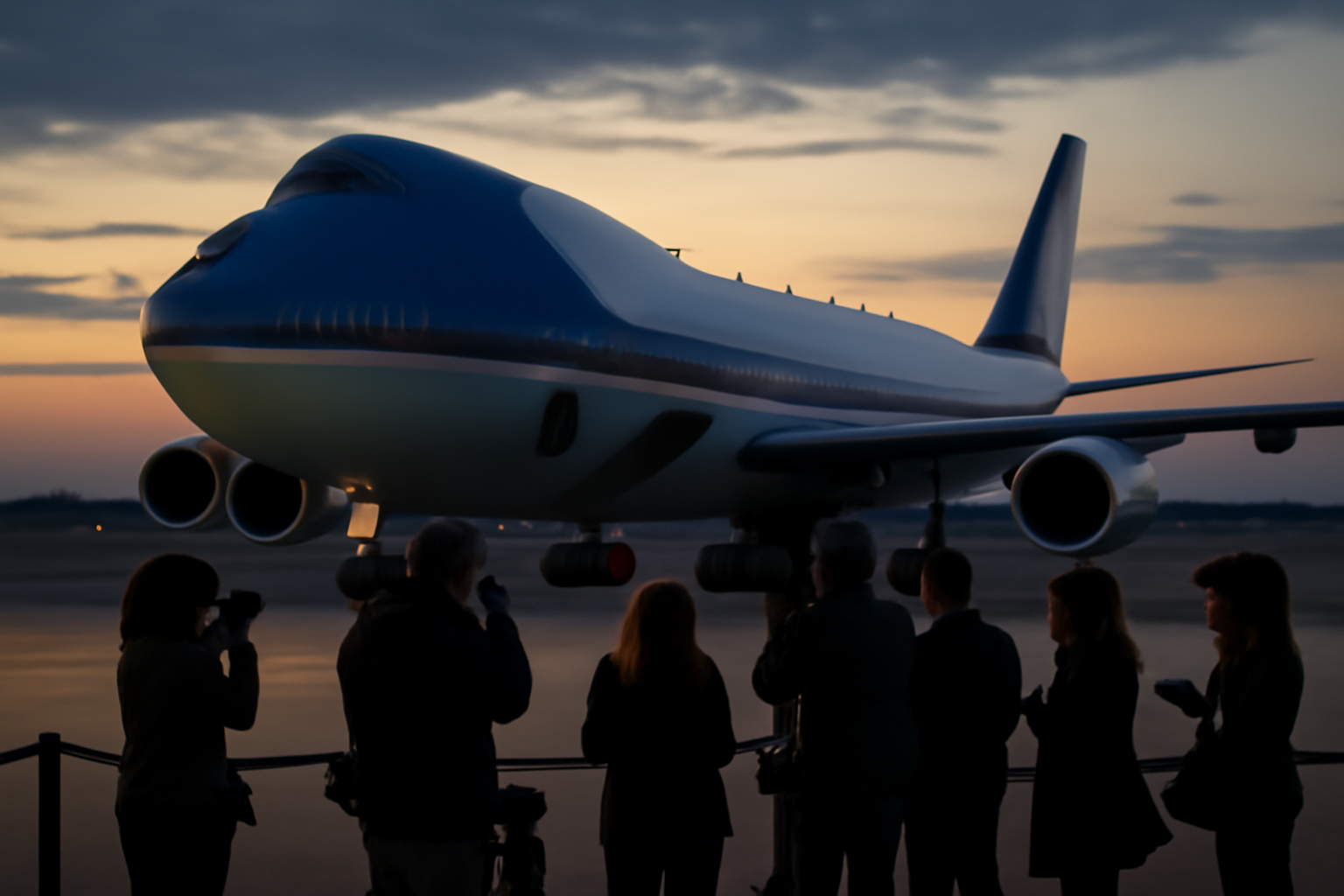Air Force One parked on a tarmac with press photographers gathered nearby