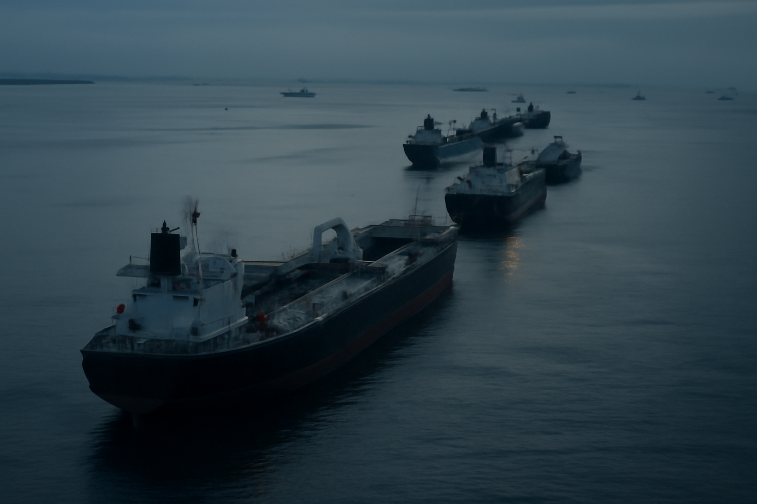 Oil tankers queued near a narrow strait with cargo ships visible on the horizon at dusk