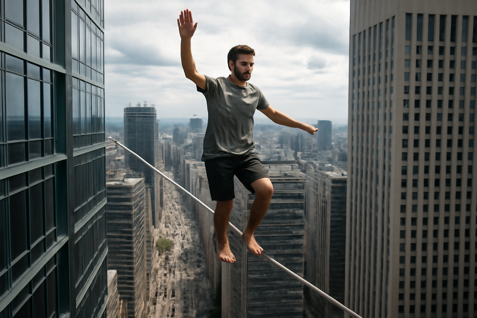 A slackliner balances on a thin cable strung between two tall buildings above a city street